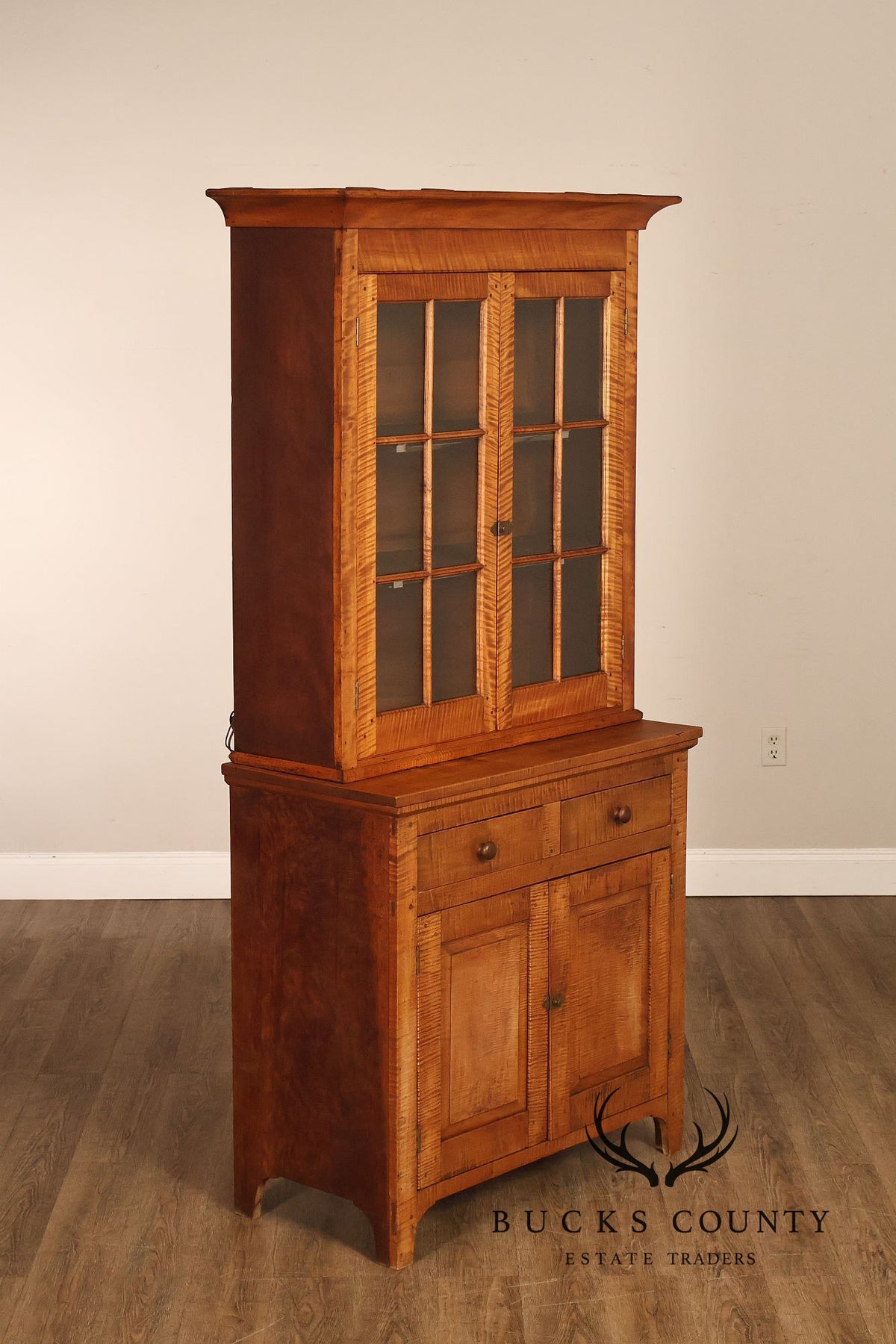 Bench Made Tiger Maple And Cherry Two Piece Stepback Hutch Cabinet