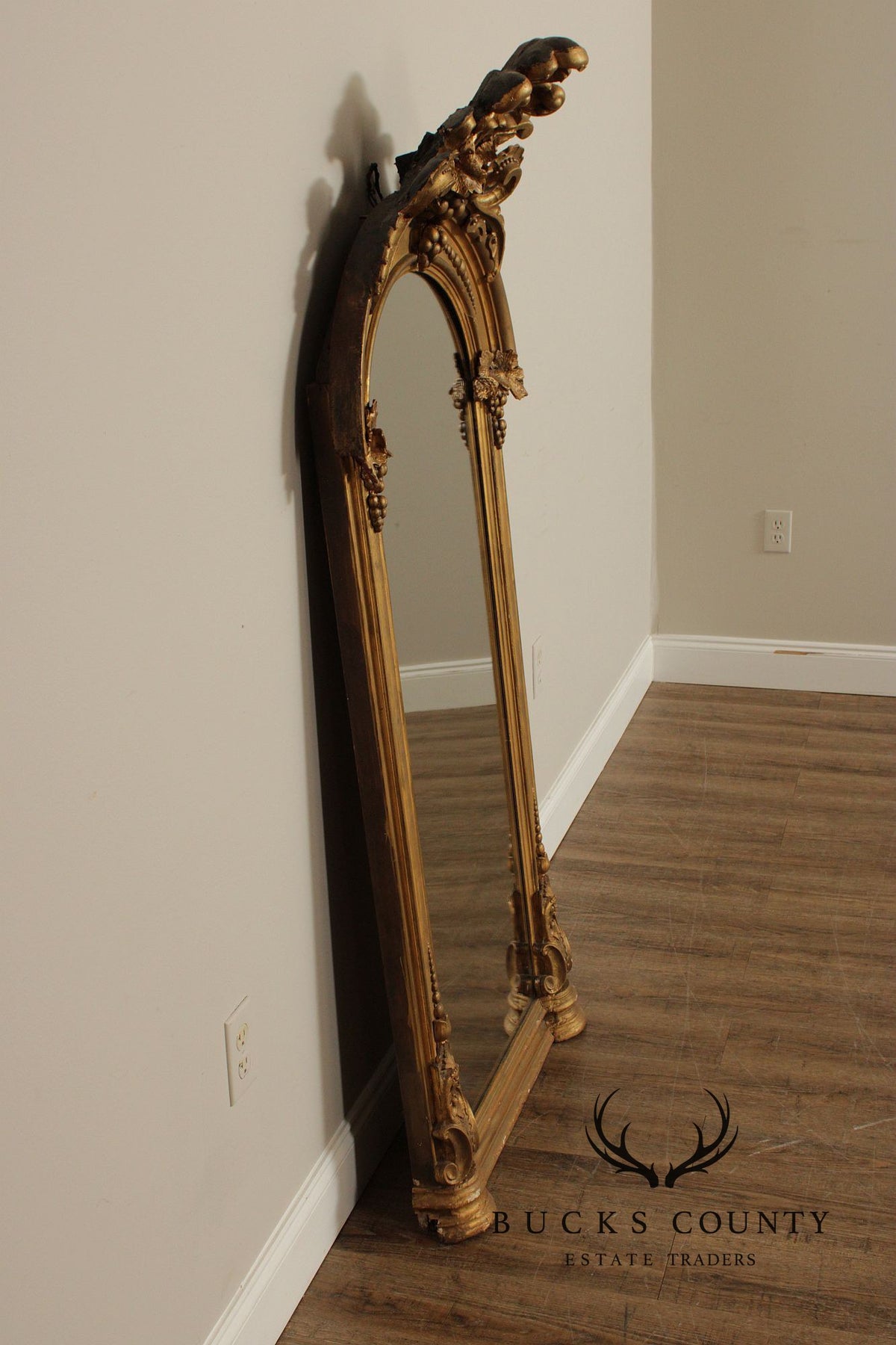 Antique Victorian Giltwood Arched Floor Mirror With Ornate Carved Crest