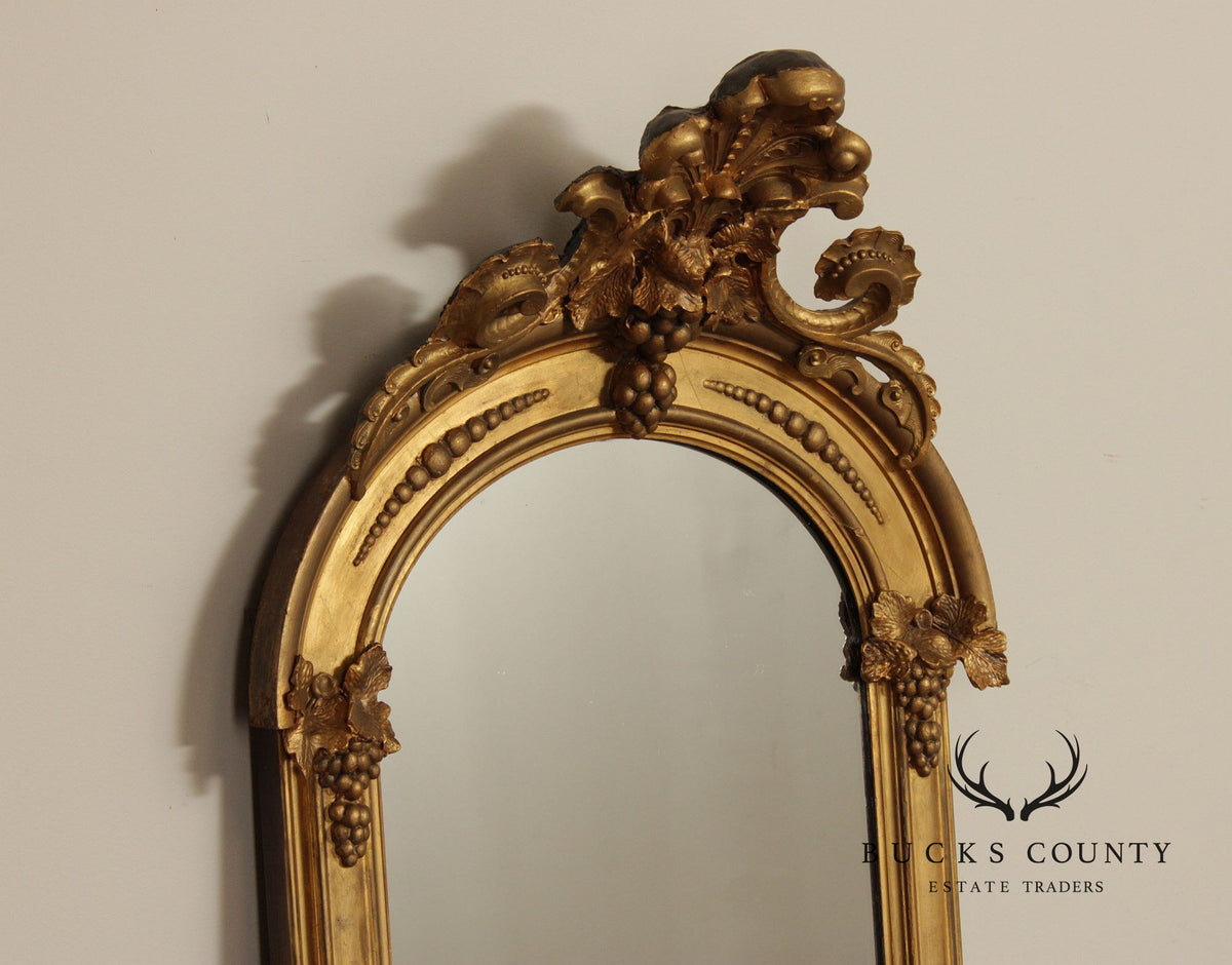 Antique Victorian Giltwood Arched Floor Mirror With Ornate Carved Crest