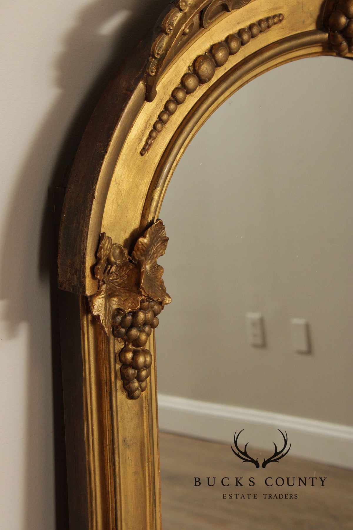 Antique Victorian Giltwood Arched Floor Mirror With Ornate Carved Crest