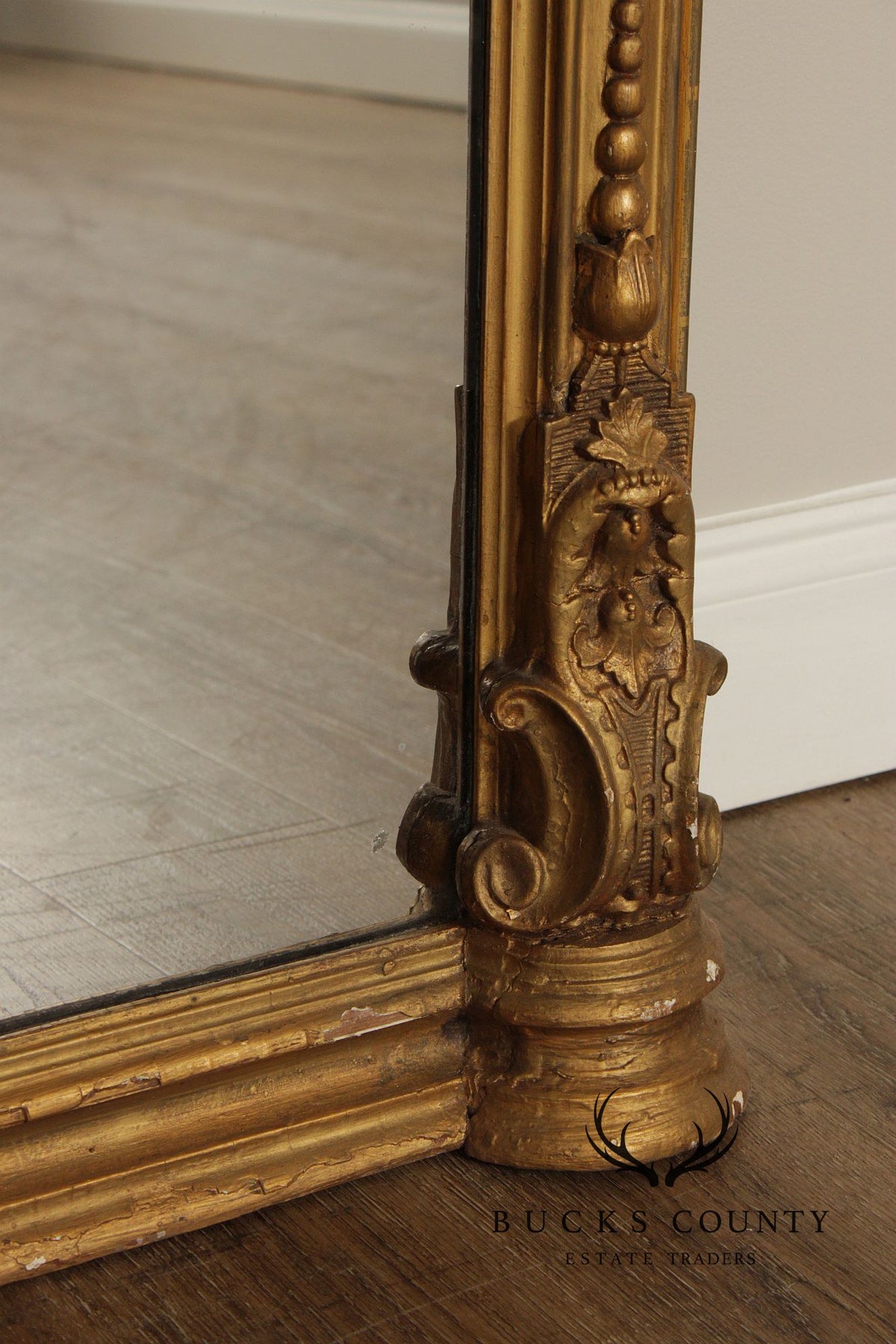 Antique Victorian Giltwood Arched Floor Mirror With Ornate Carved Crest