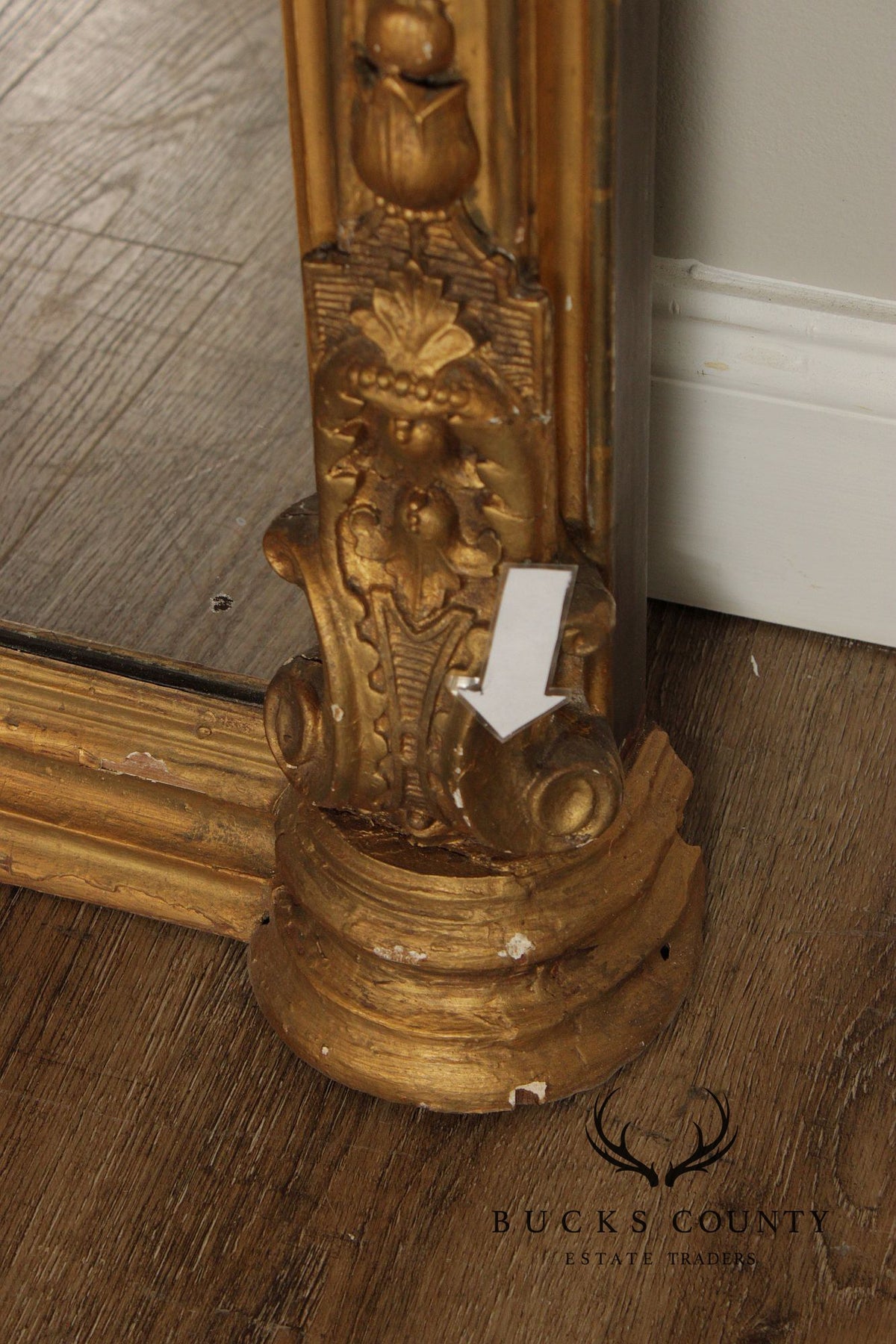 Antique Victorian Giltwood Arched Floor Mirror With Ornate Carved Crest