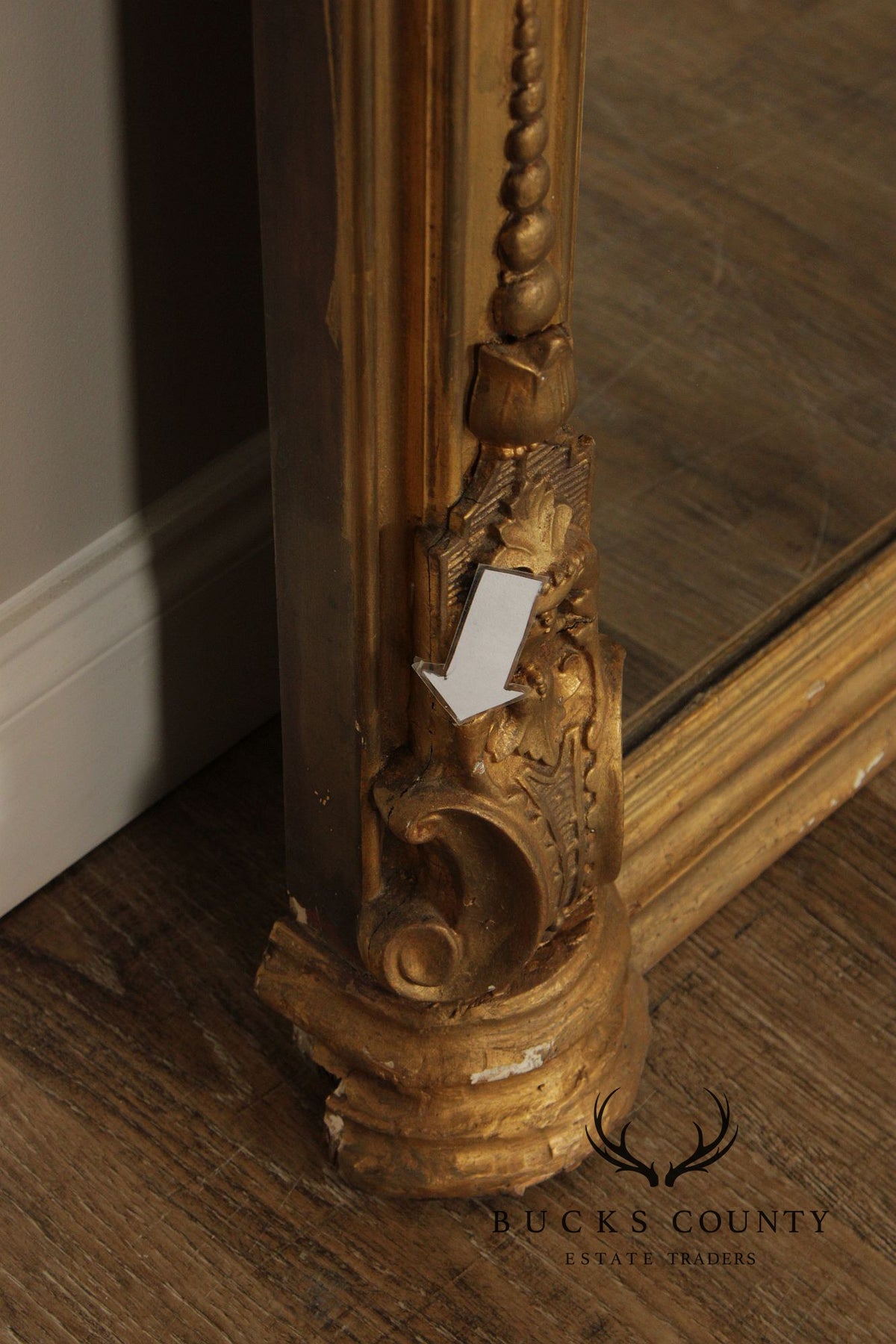Antique Victorian Giltwood Arched Floor Mirror With Ornate Carved Crest