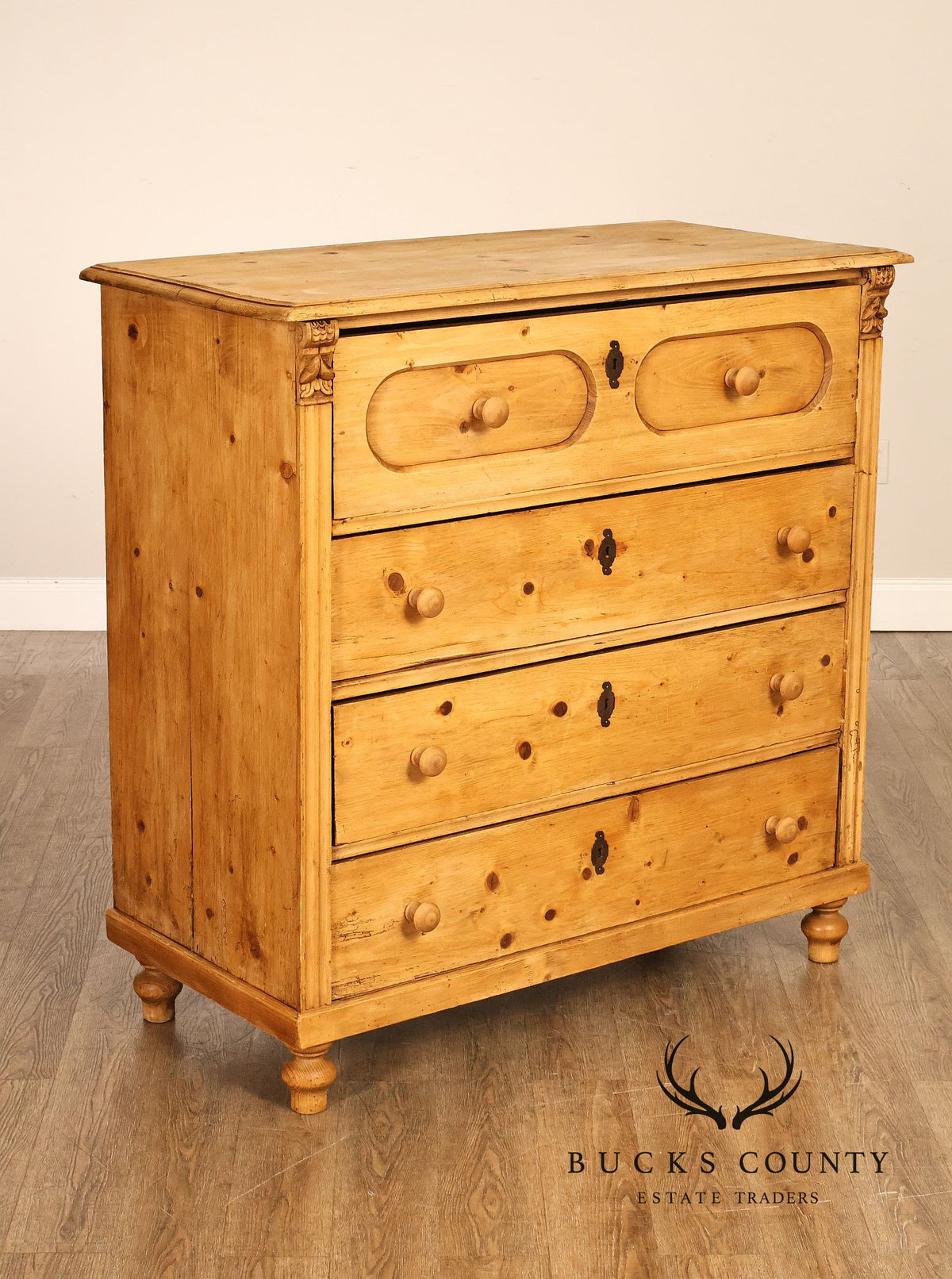 Antique Scottish Pine Chest Of Drawers Dresser With Carved Details