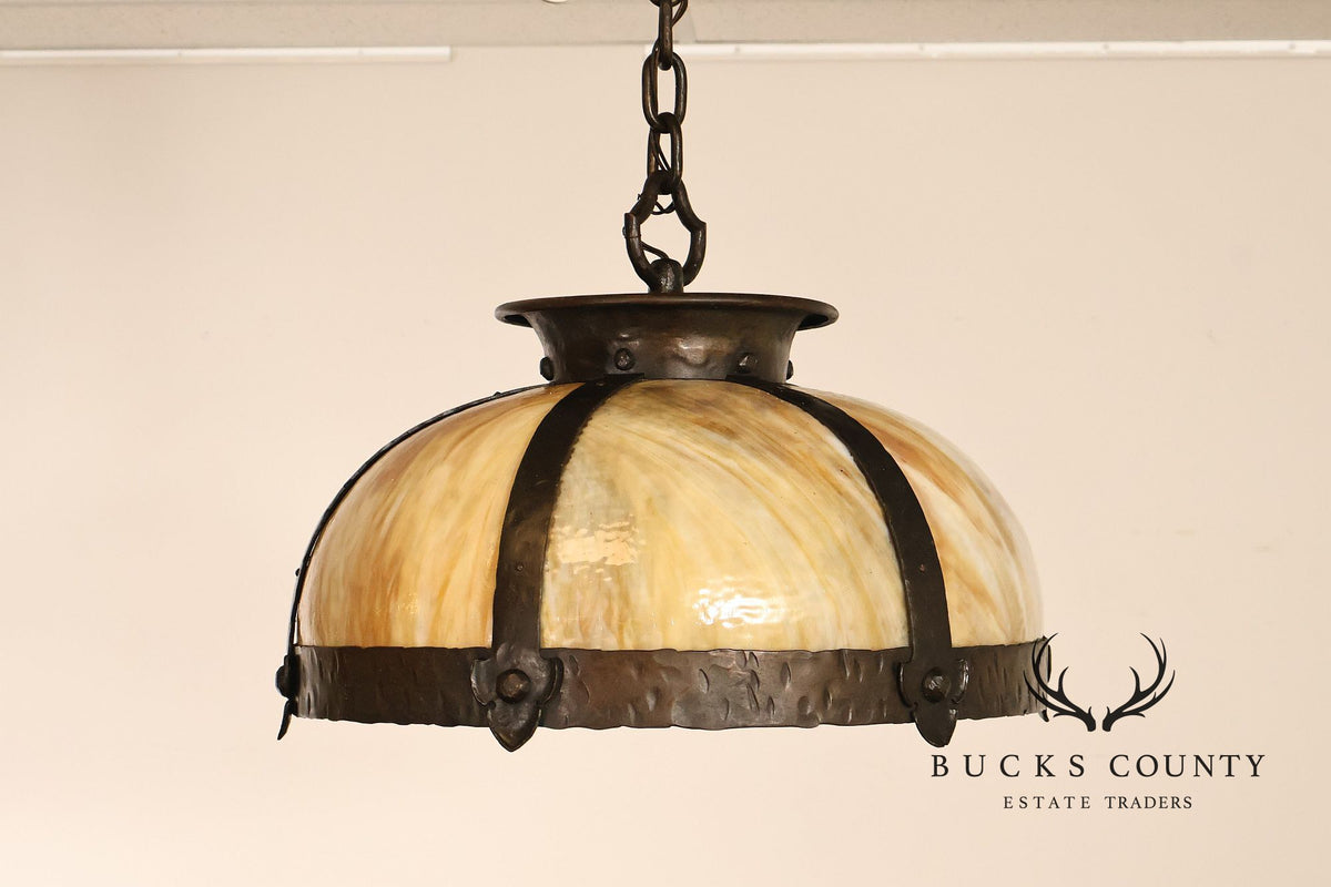 Antique Arts & Crafts Style Slag Glass Dome Pendant Chandelier