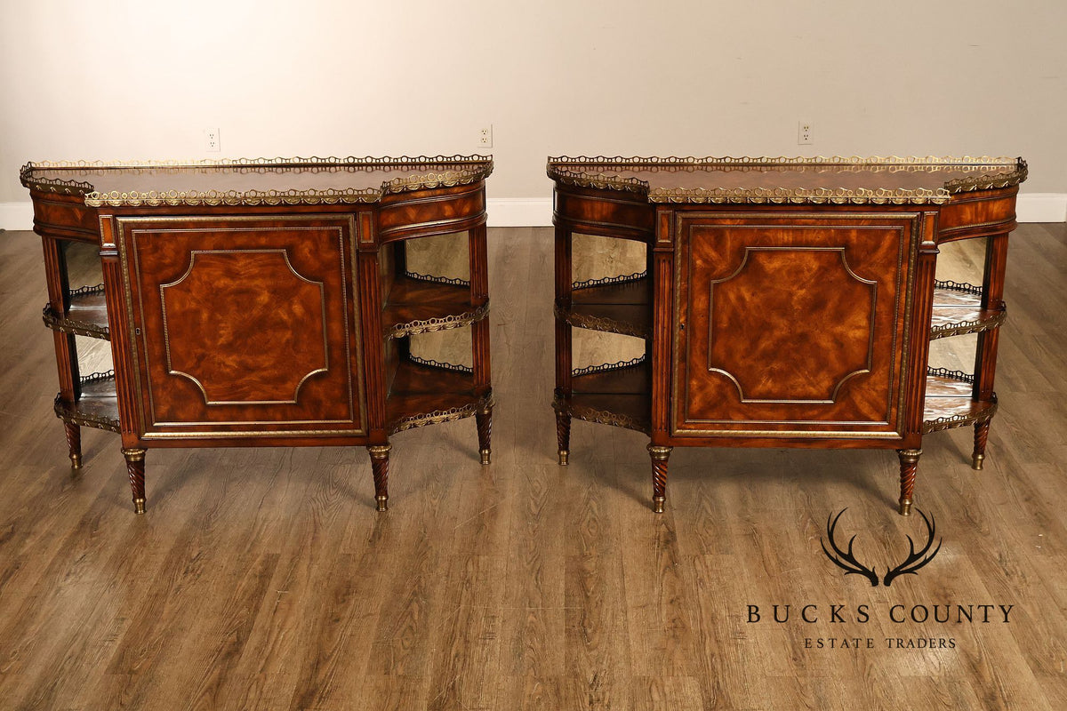Theodore Alexander French Louis XVI Style Burl Wood Brass Mounted Gallery Top Pair Of Side Cabinets