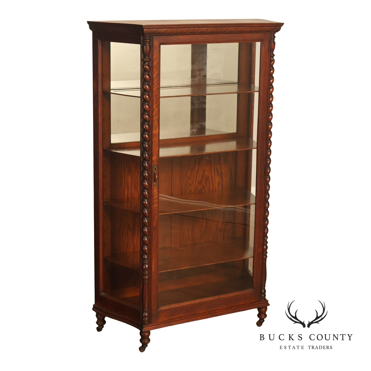Antique Barley Twist Oak Glass Display Cabinet