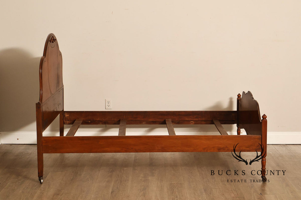 Antique Victorian Walnut Full Size Bedframe With Carved Floral Accents And Decorative Inlay