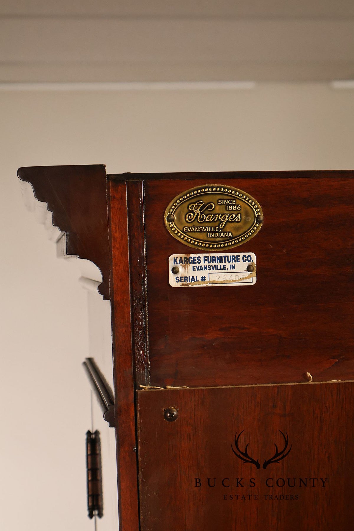 Karges English Style Mahogany Breakfront China Cabinet Display Bookcase with Carved Pediment and Silk Backing