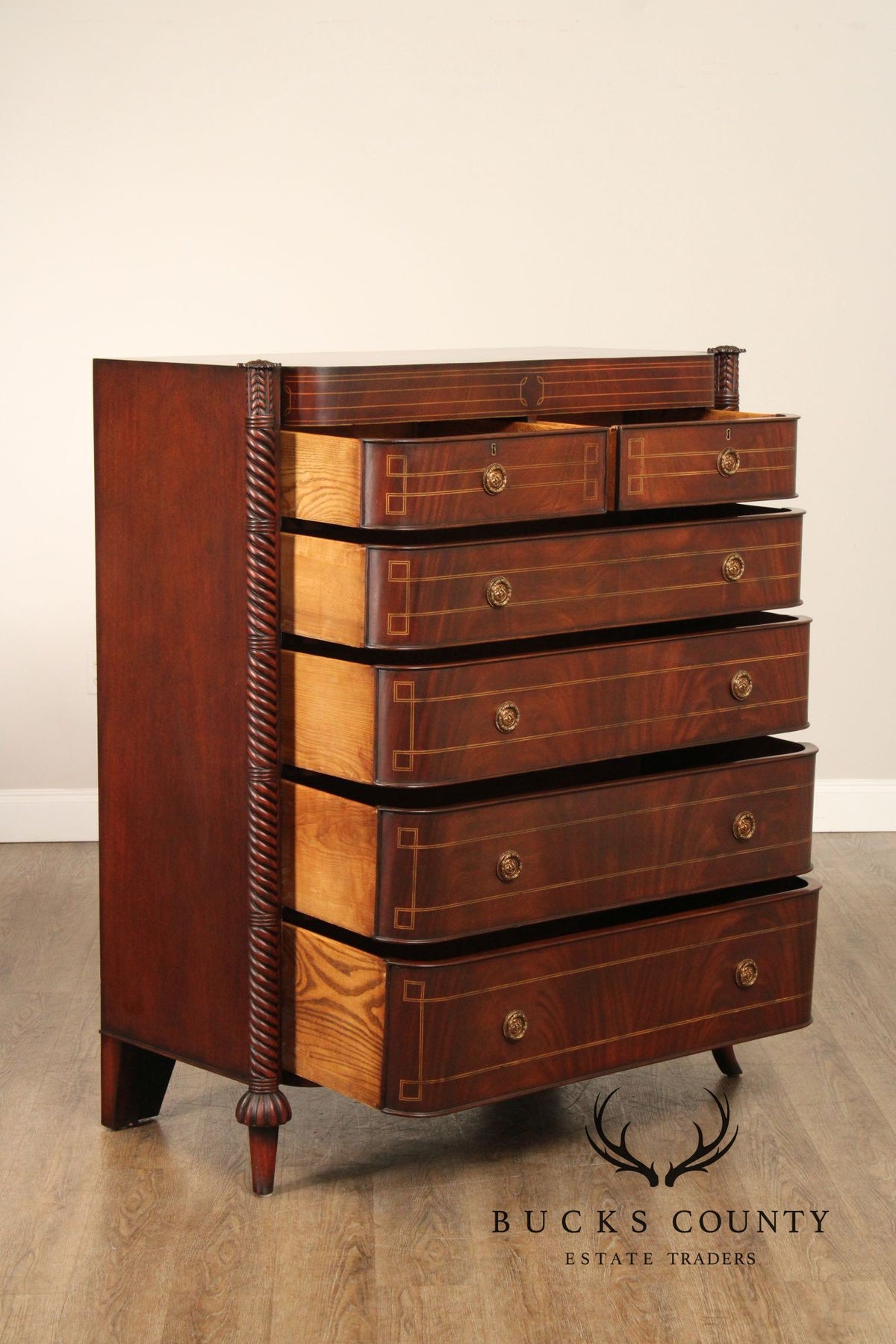 Edwardian Style Custom Mahogany Inlaid High Chest Of Drawers