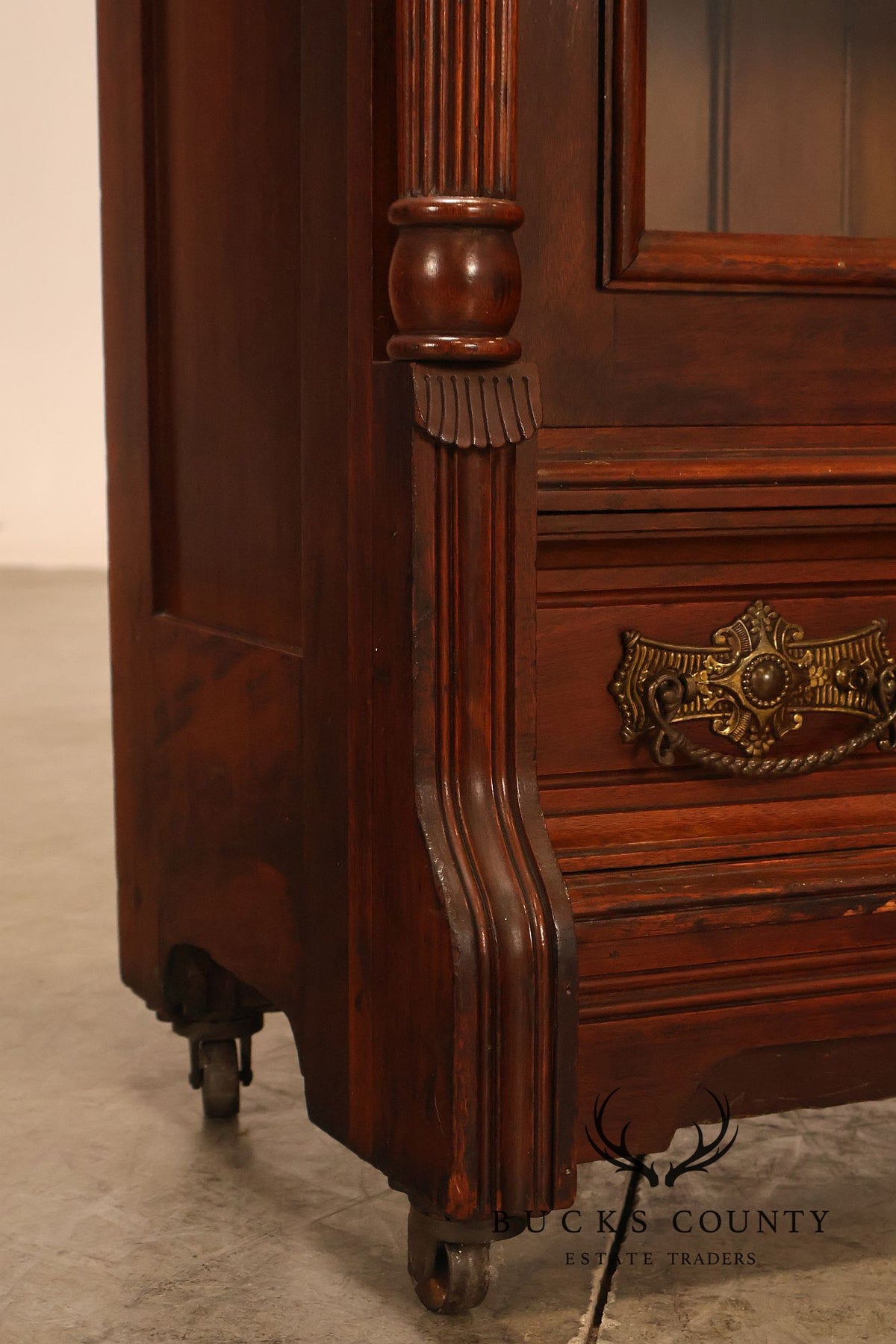 Antique Victorian Carved Walnut and Glass Bookcase
