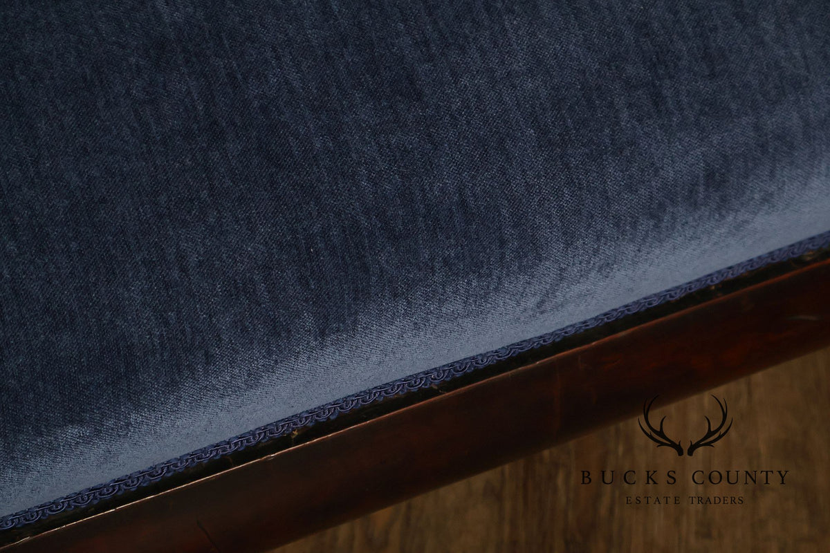 Antique American Empire Mahogany Carved Swan Arm Sofa With Blue Upholstery