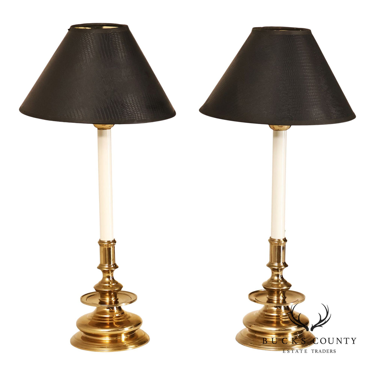 Pair of Brass Candlestick Style Table Lamps with Black Faux Alligator Shades