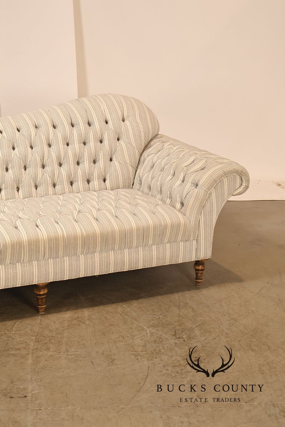 Cambridge Collection Tufted Blue And White Striped Upholstered Sofa