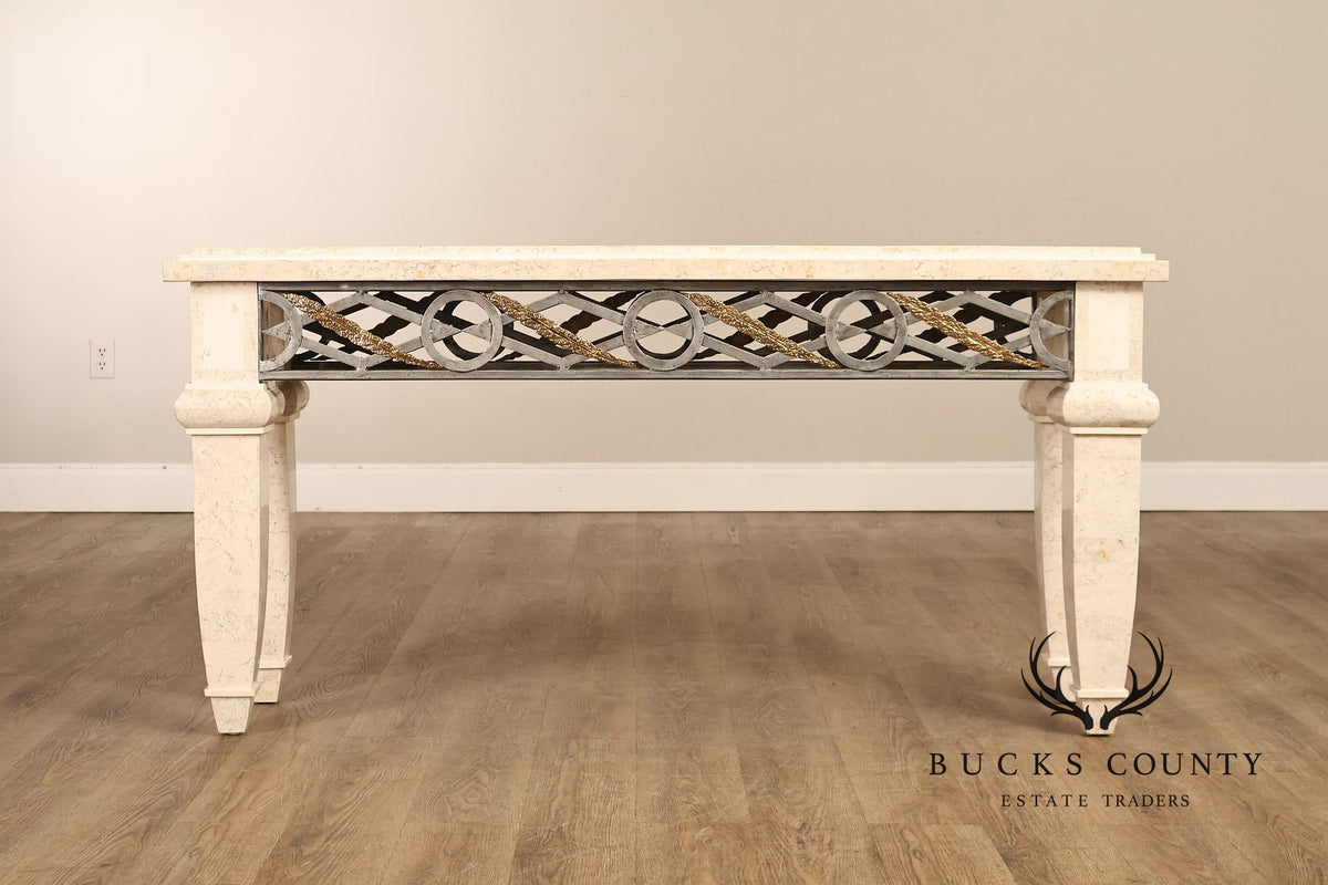 Neoclassical Style Travertine Console Table With Metal Stretcher