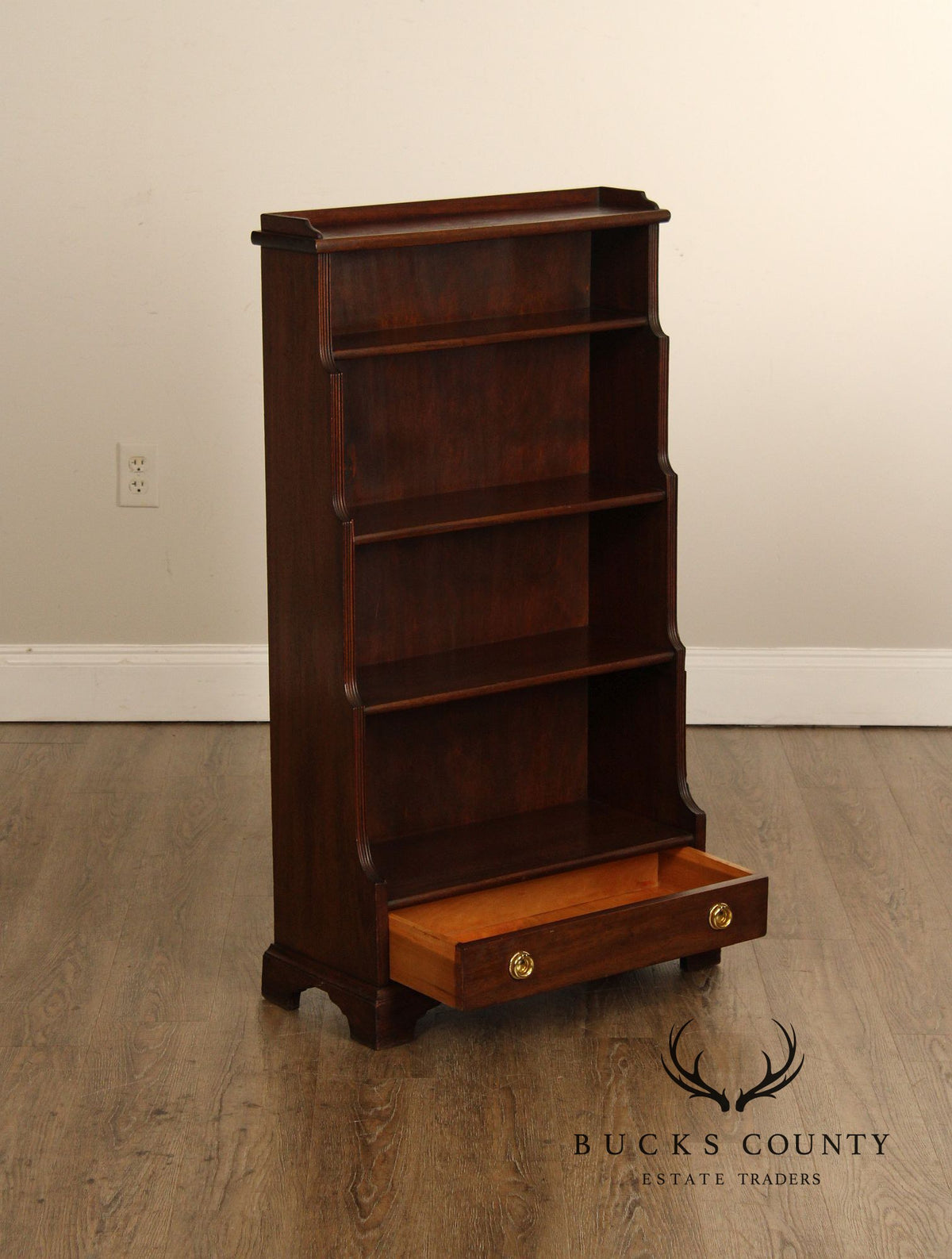 Vintage Georgian Style Narrow Mahogany Waterfall Open Bookcase With Drawer