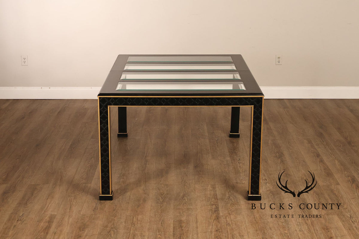 Chinese Chippendale Black Lacquered Dining Table With Two Leaves, Inset Glass
