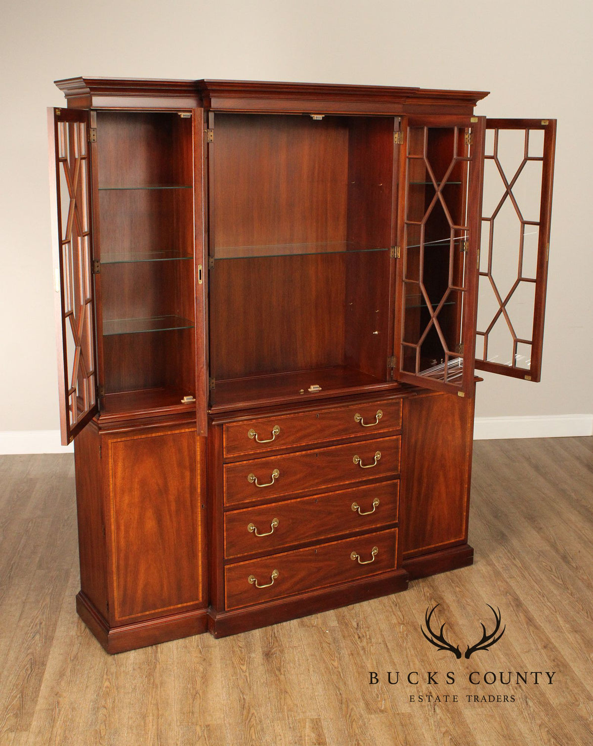 Henkel Harris Georgian Style Inlaid Mahogany Breakfront Bookcase