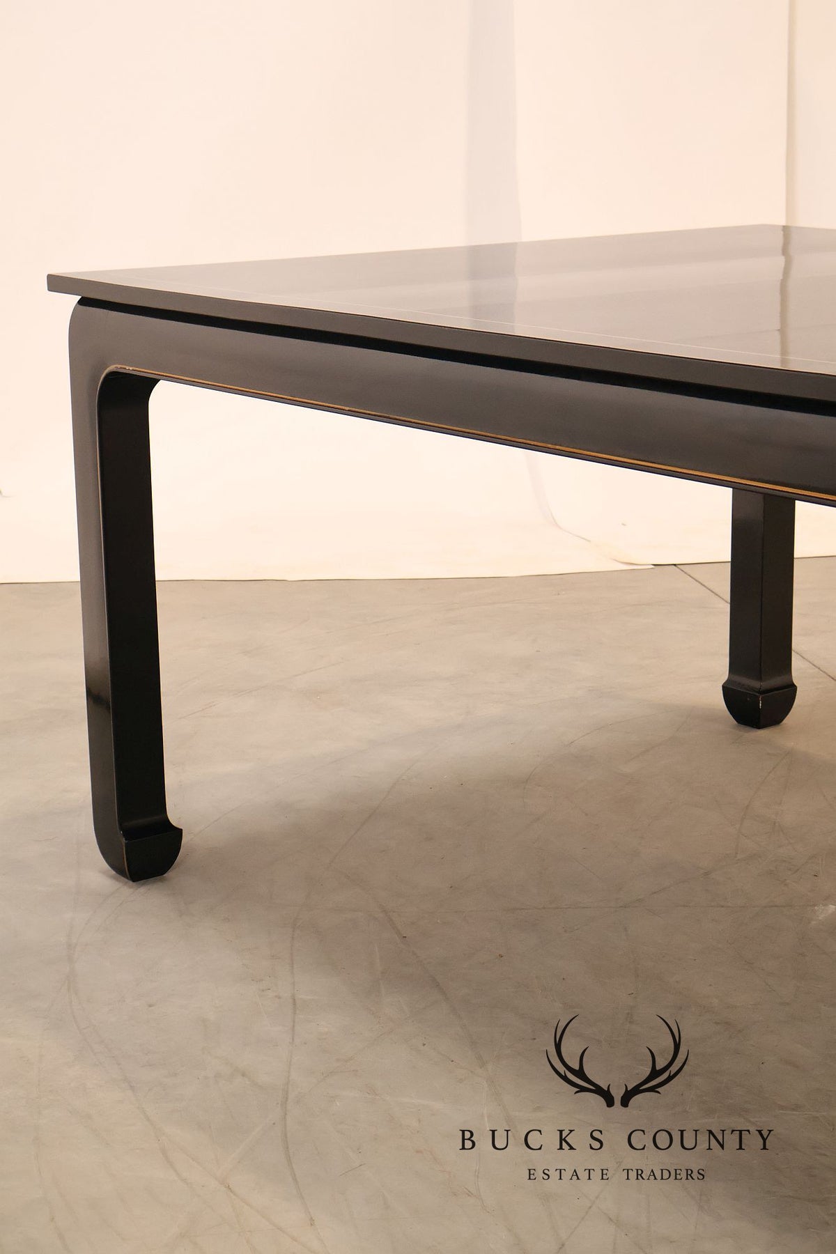Custom Black Lacquered 12 Foot Extendable Dining Table With Gold Line Inlay