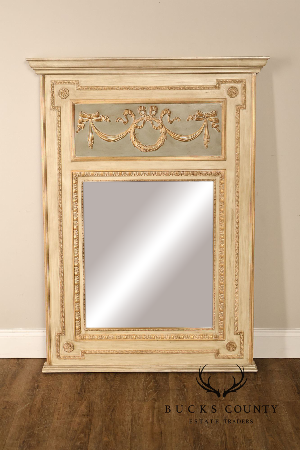 French Neoclassical Style Distress Painted Trumeau Mirror