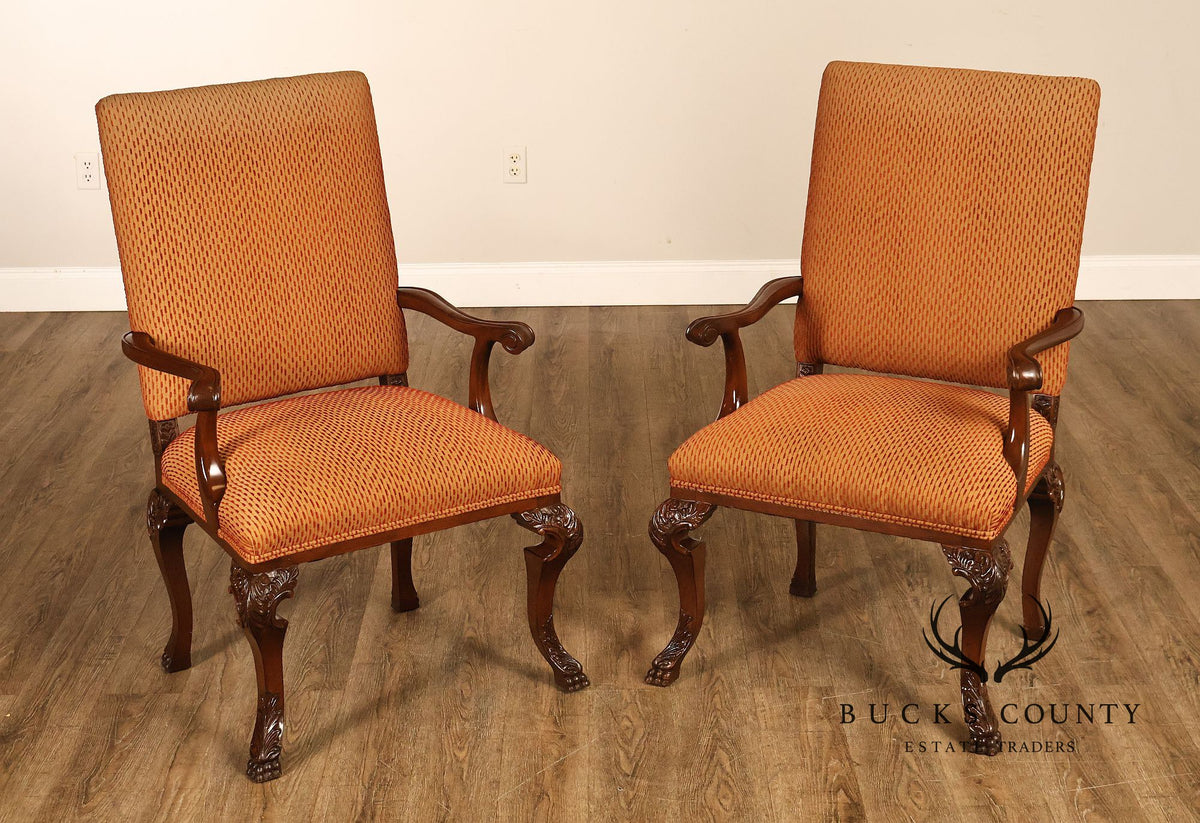 Vintage Chippendale Style Pair Of Carved Mahogany Upholstered Armchairs