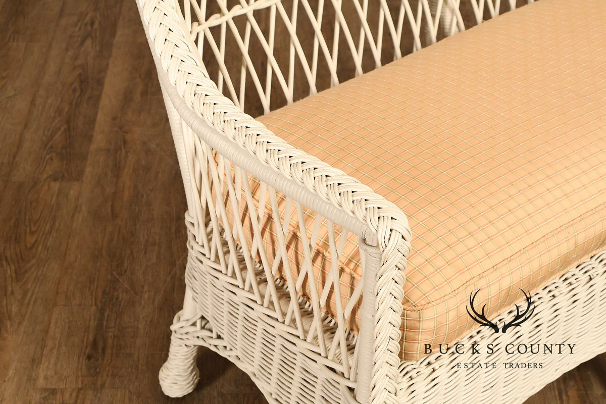 Vintage White Wicker Loveseat With Upholstered Seat Cushion