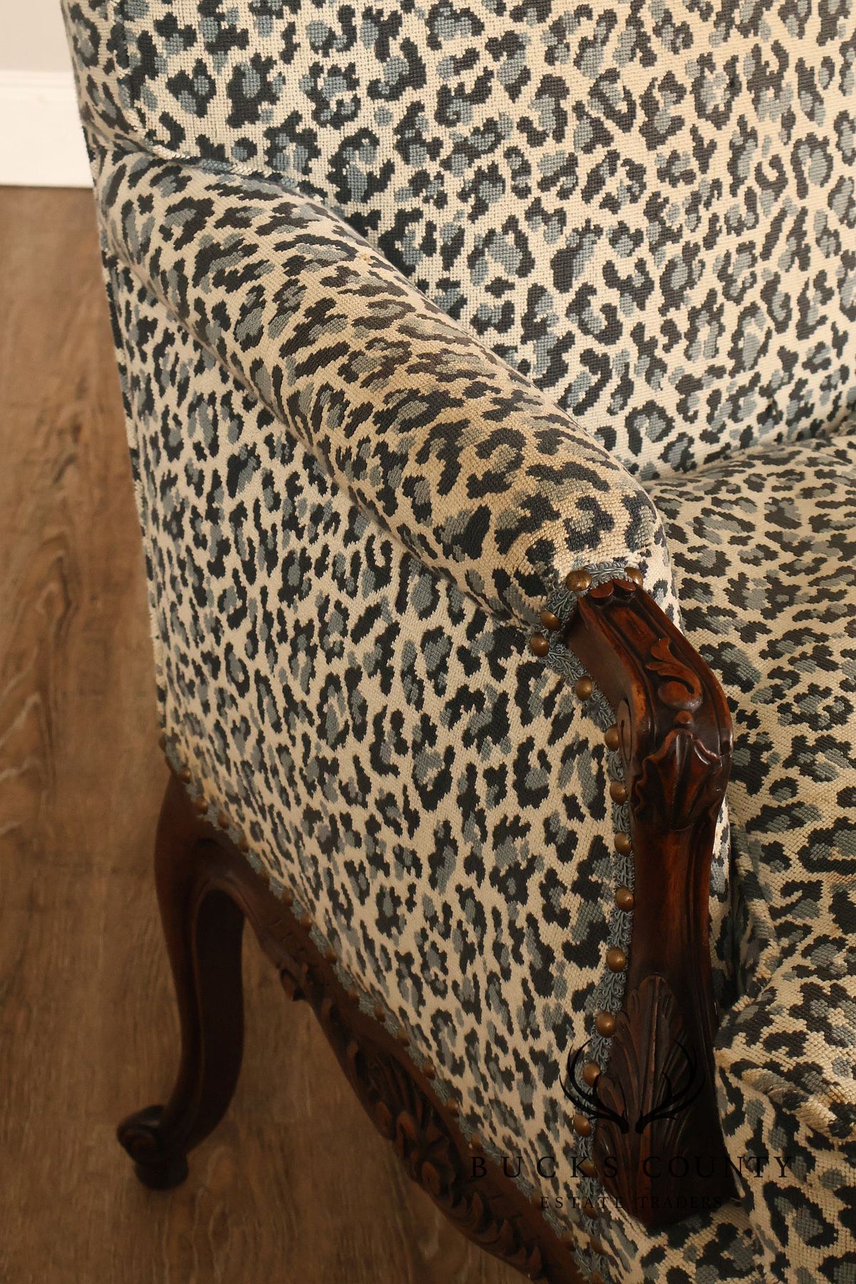 Vintage French Louis XV Style Carved Wood Leopard Upholstered Bergere Armchair