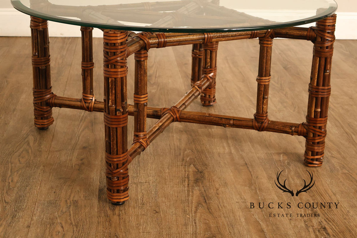 McGuire Bamboo And Rattan Round Glass Top Coffee Table