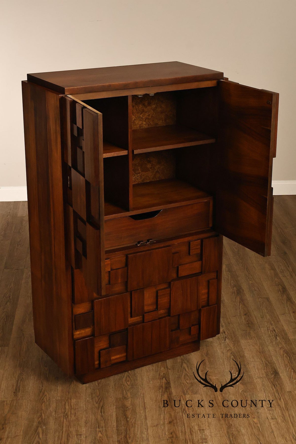Vintage Lane Mid-Century Modern Brutalist Walnut Armoire