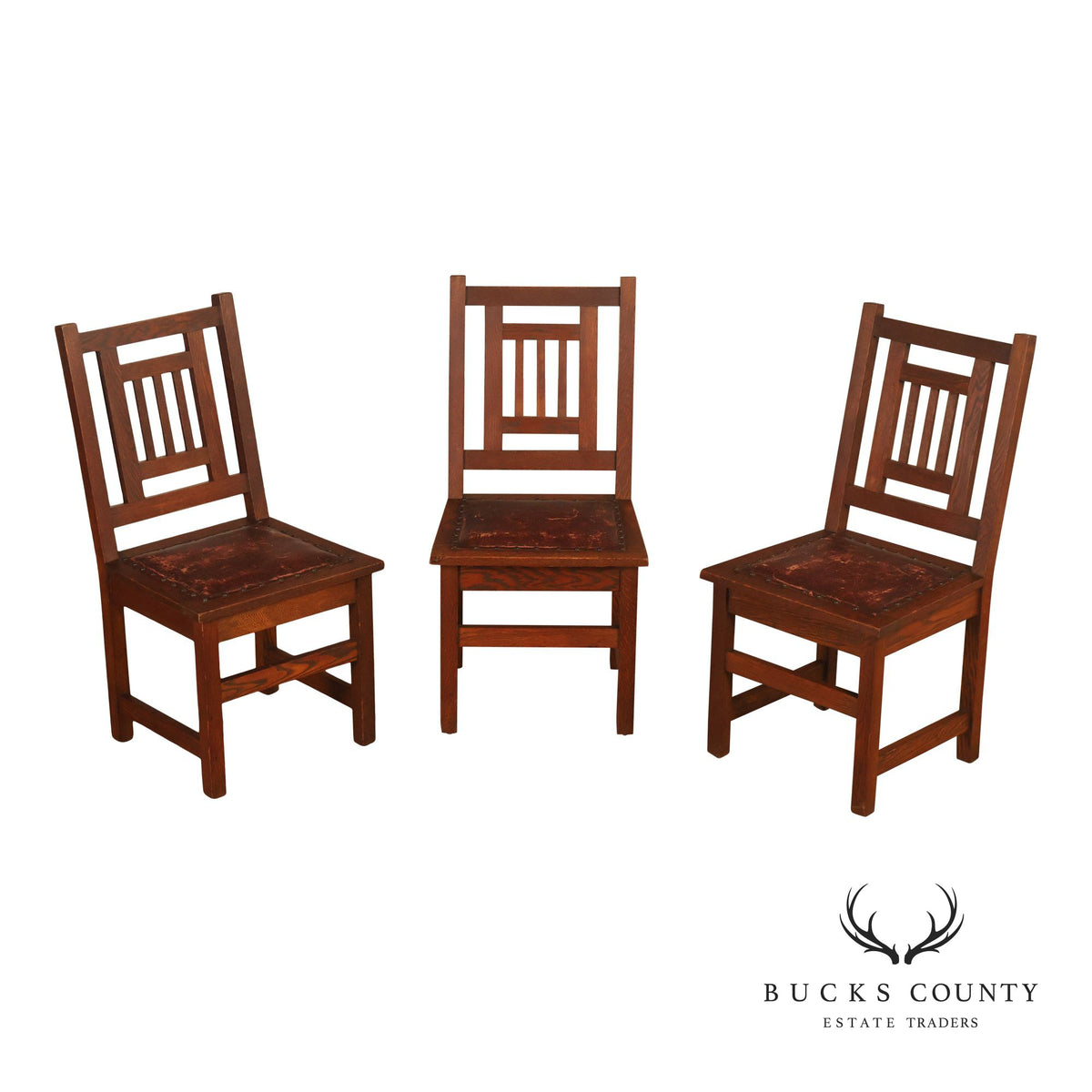 Antique American Arts & Crafts Mission Set Of 3 Oak Side Chairs