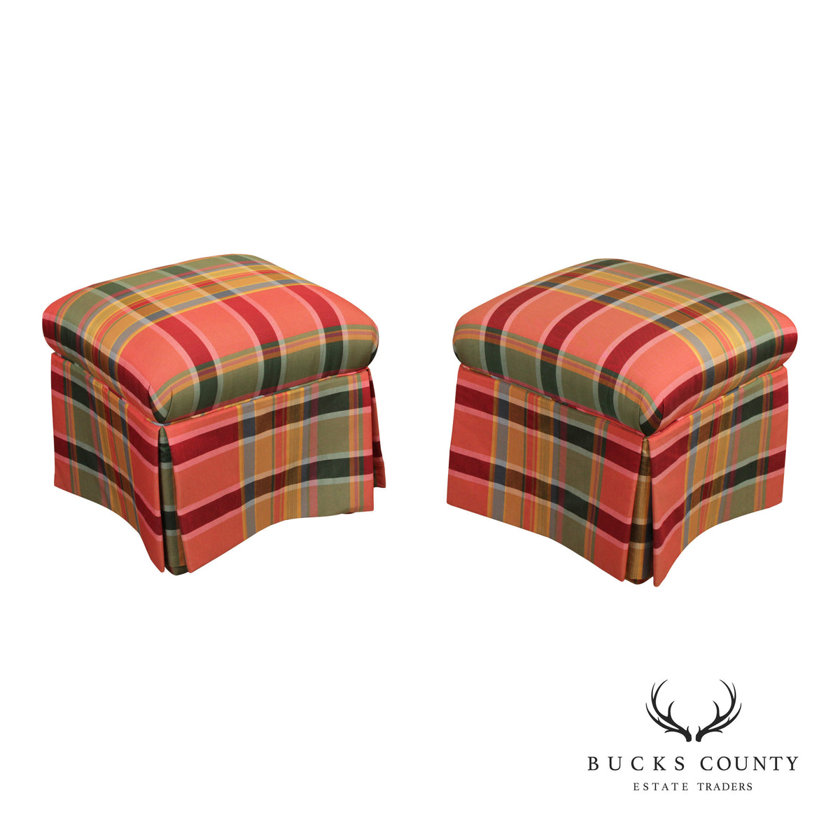 'A Colony Original' Pair Of Upholstered Plaid Skirted Ottomans