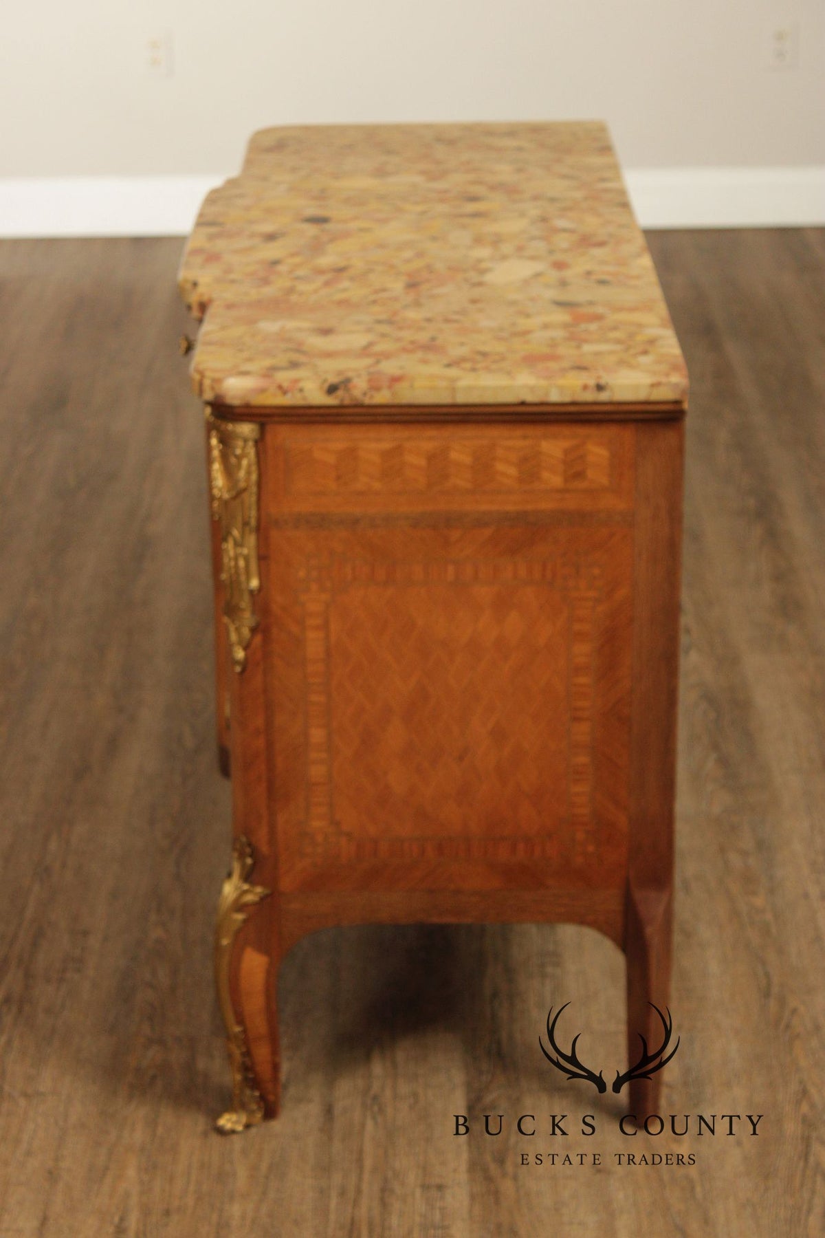 Antique French Louis XV Style Marquetry Marble Top Commode