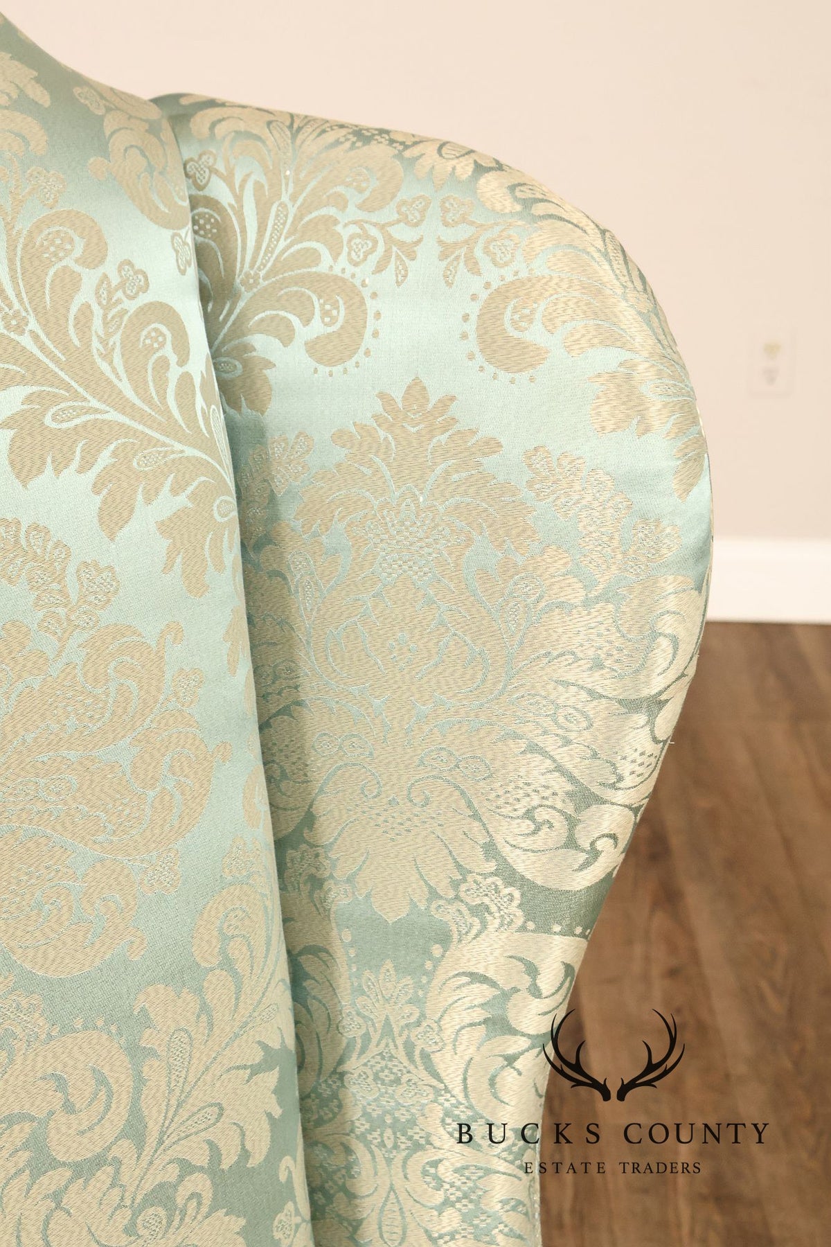 Quality Vintage Pair Of High Back Damask Upholstered Wing Chairs