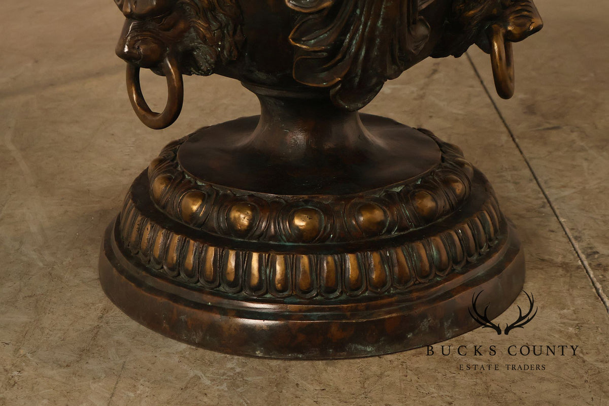 Monumental Brass Urn Form Double Pedestal Glass Top Dining Table