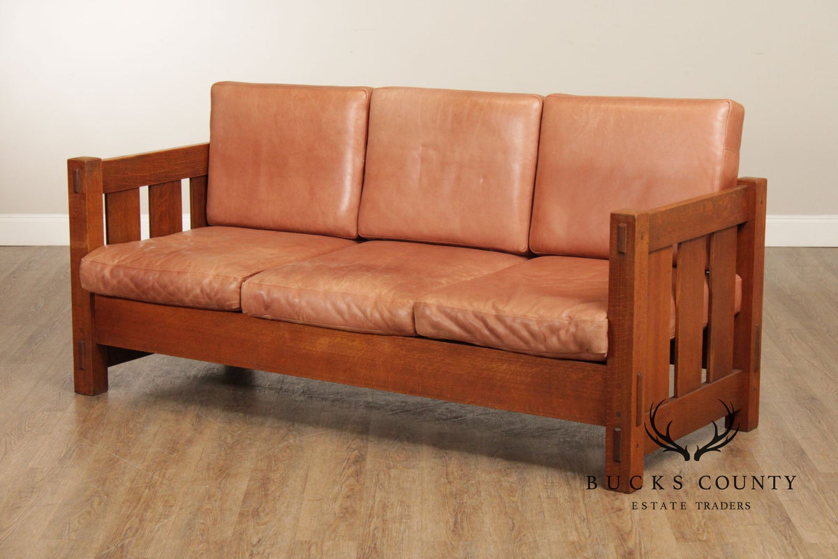 Gustav Stickley Antique Mission Oak and Leather Even-Arm Settle Sofa