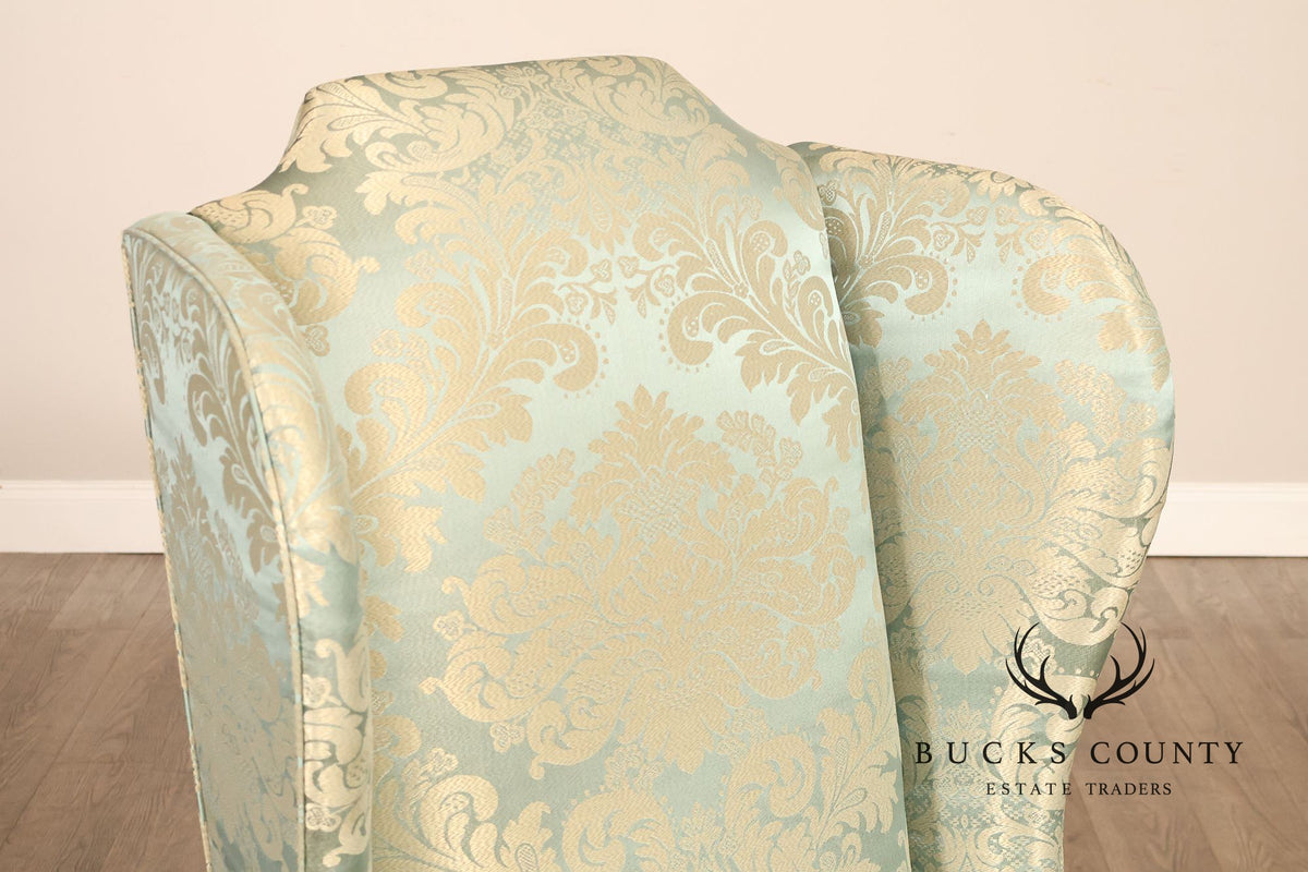 Quality Vintage Pair Of High Back Damask Upholstered Wing Chairs