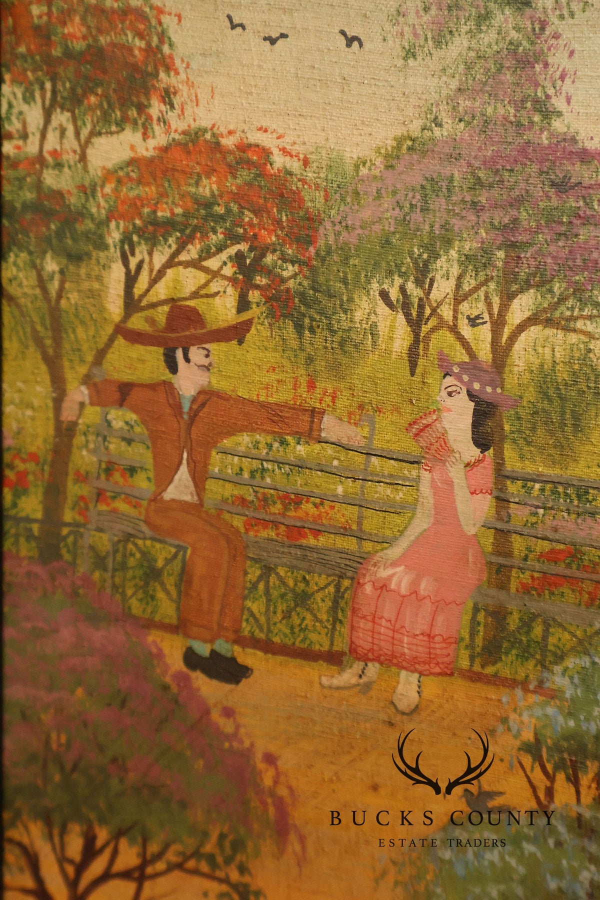 Original Mexican Oil Folk Art Garden And Carriage Scene Painting By R Torres