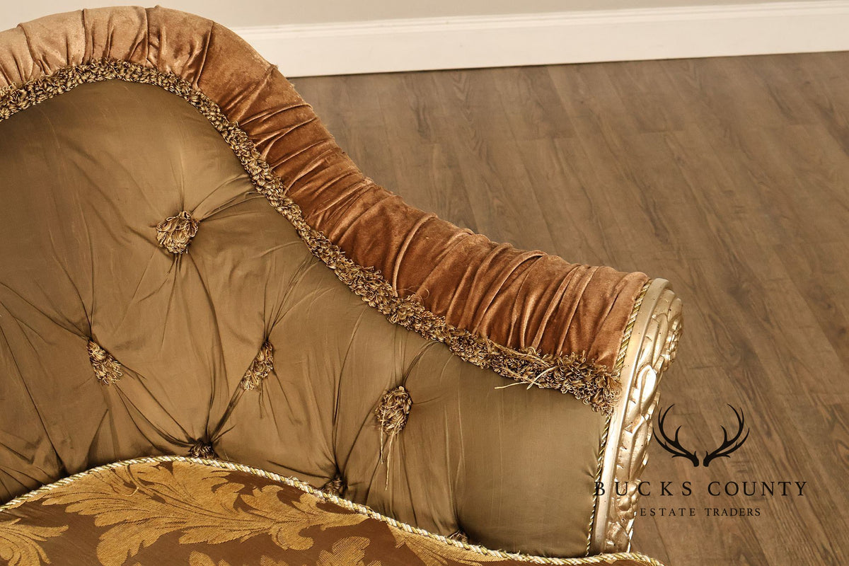 Tufted Rococo Camelback Sofa With Carved Gilt Trim