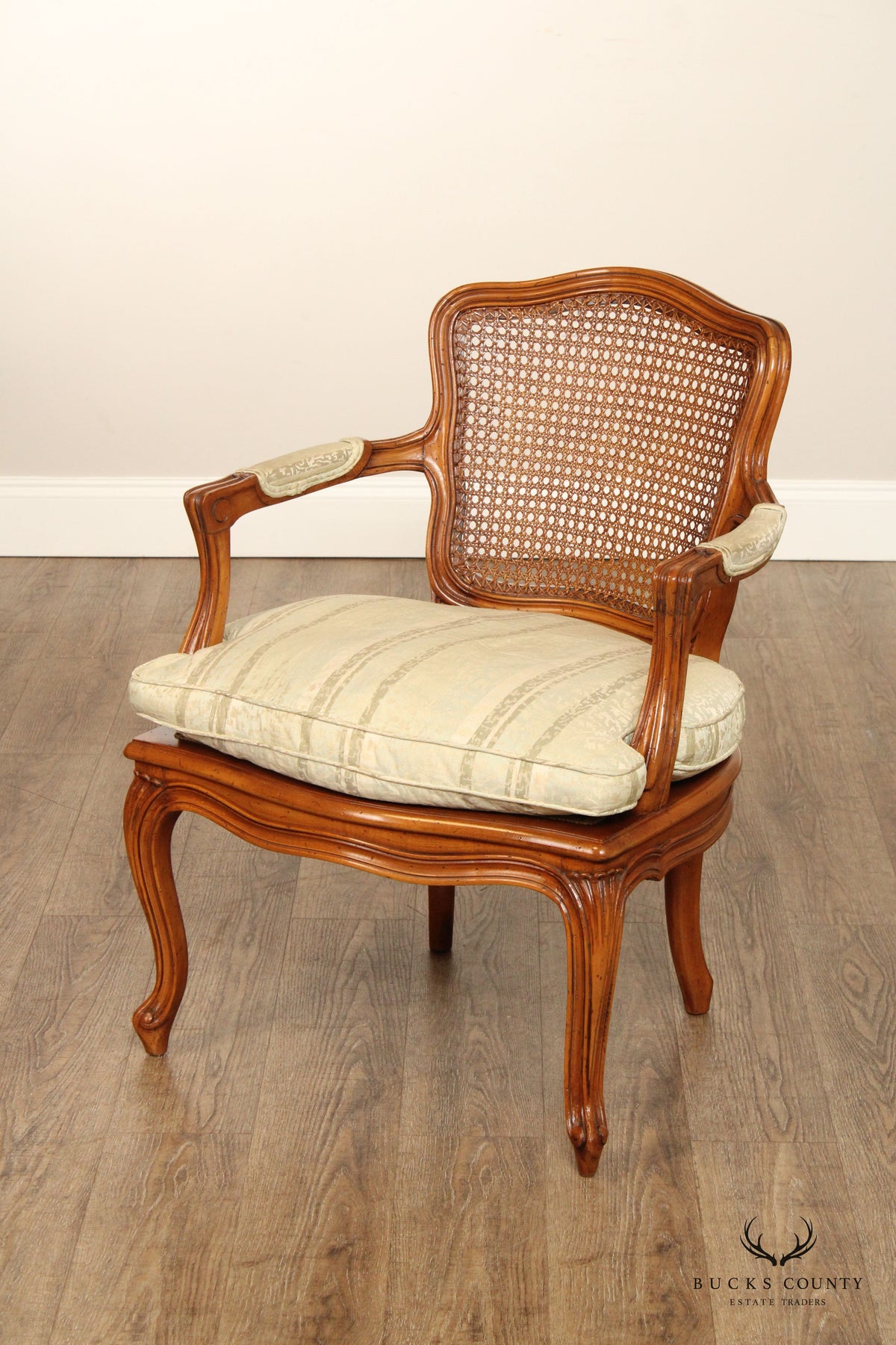 French Louis XV Style Carved Frame and Caned Fauteuil Armchair