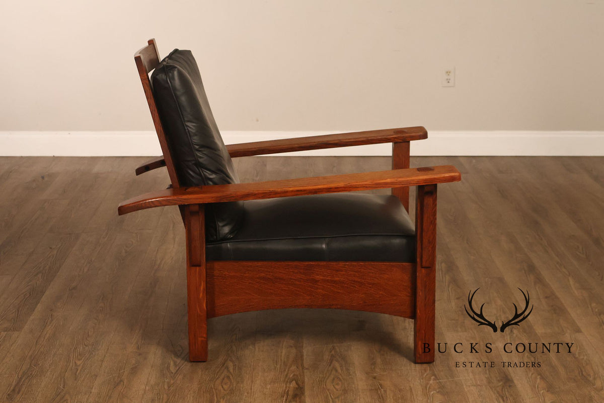 Antique Limbert Arts And Crafts Oak Morris Chair With Leather Cushions