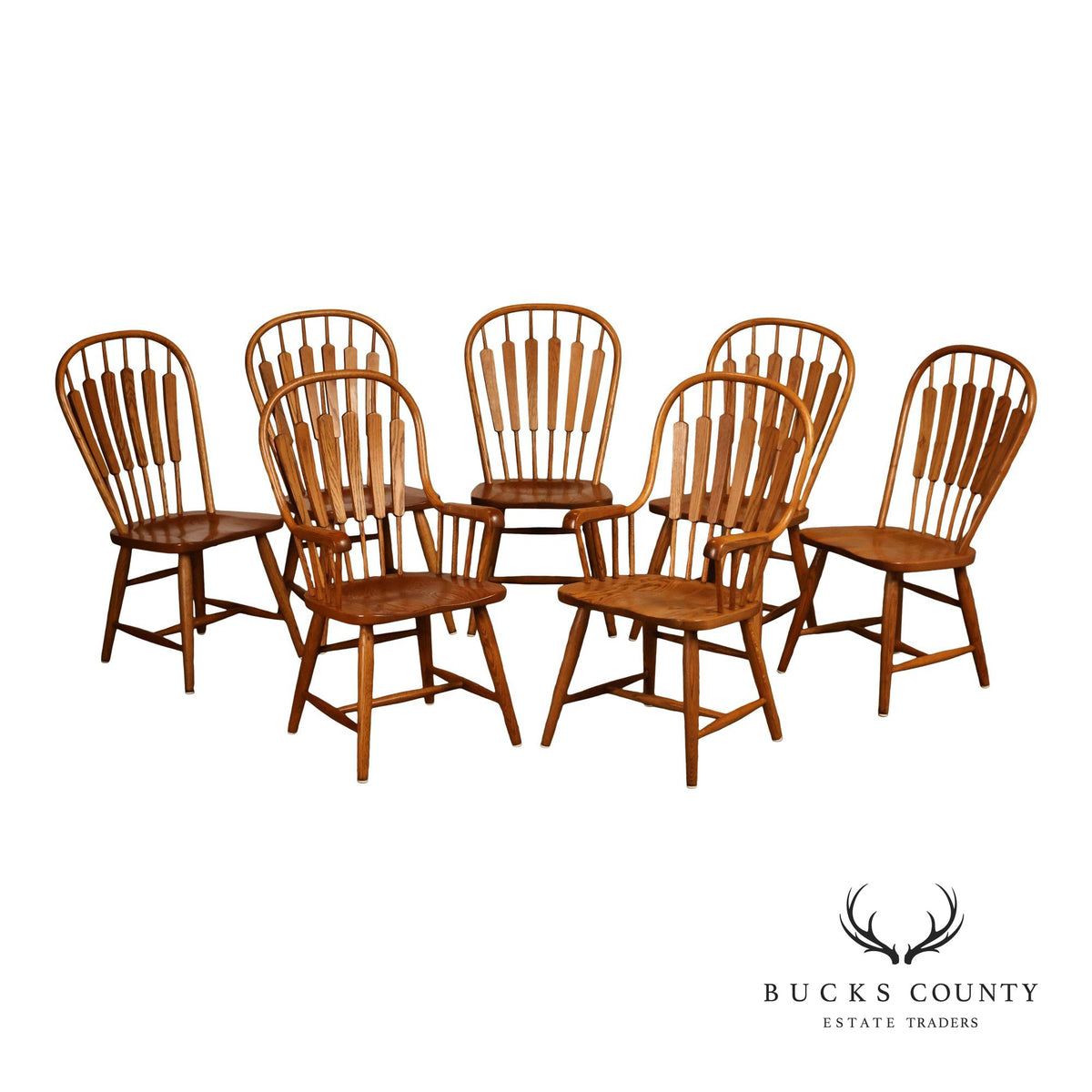 Richardson Brothers Colonial Windsor Style Set Of Seven Oak Dining Chairs
