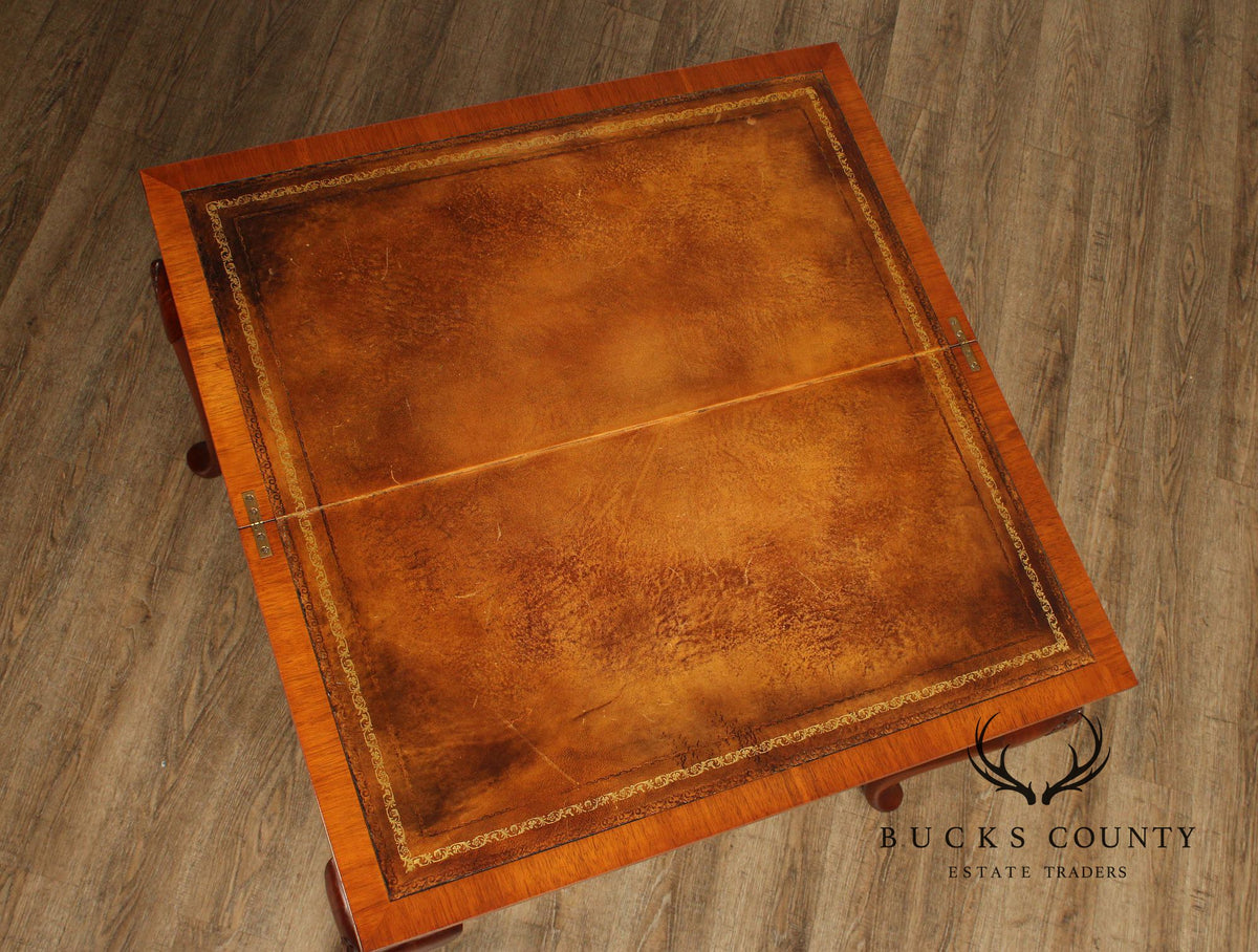 Queen Anne Style Burl Wood Leather Top Folding Games Table