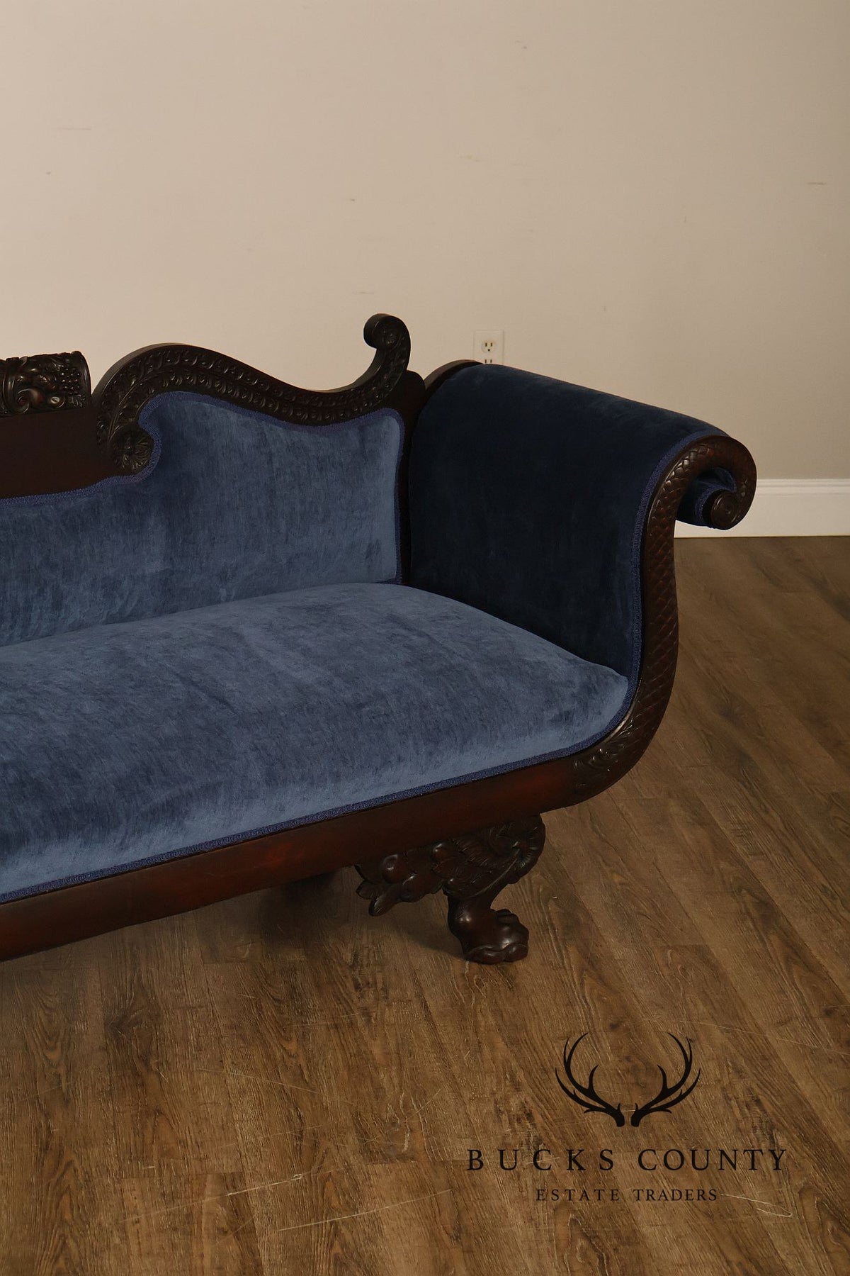 Antique American Empire Mahogany Carved Swan Arm Sofa With Blue Upholstery