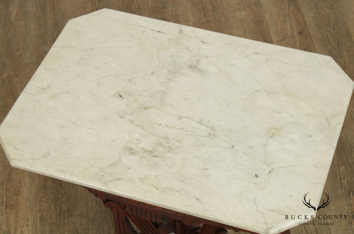 Antique Victorian East Lake Walnut Marble Top Parlor Table
