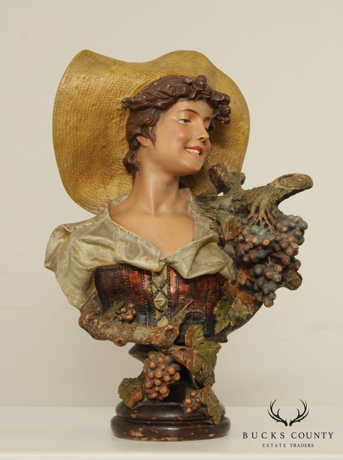 Vintage Bust of Maiden Carved Sculpture, 'Lady of the Grapes'