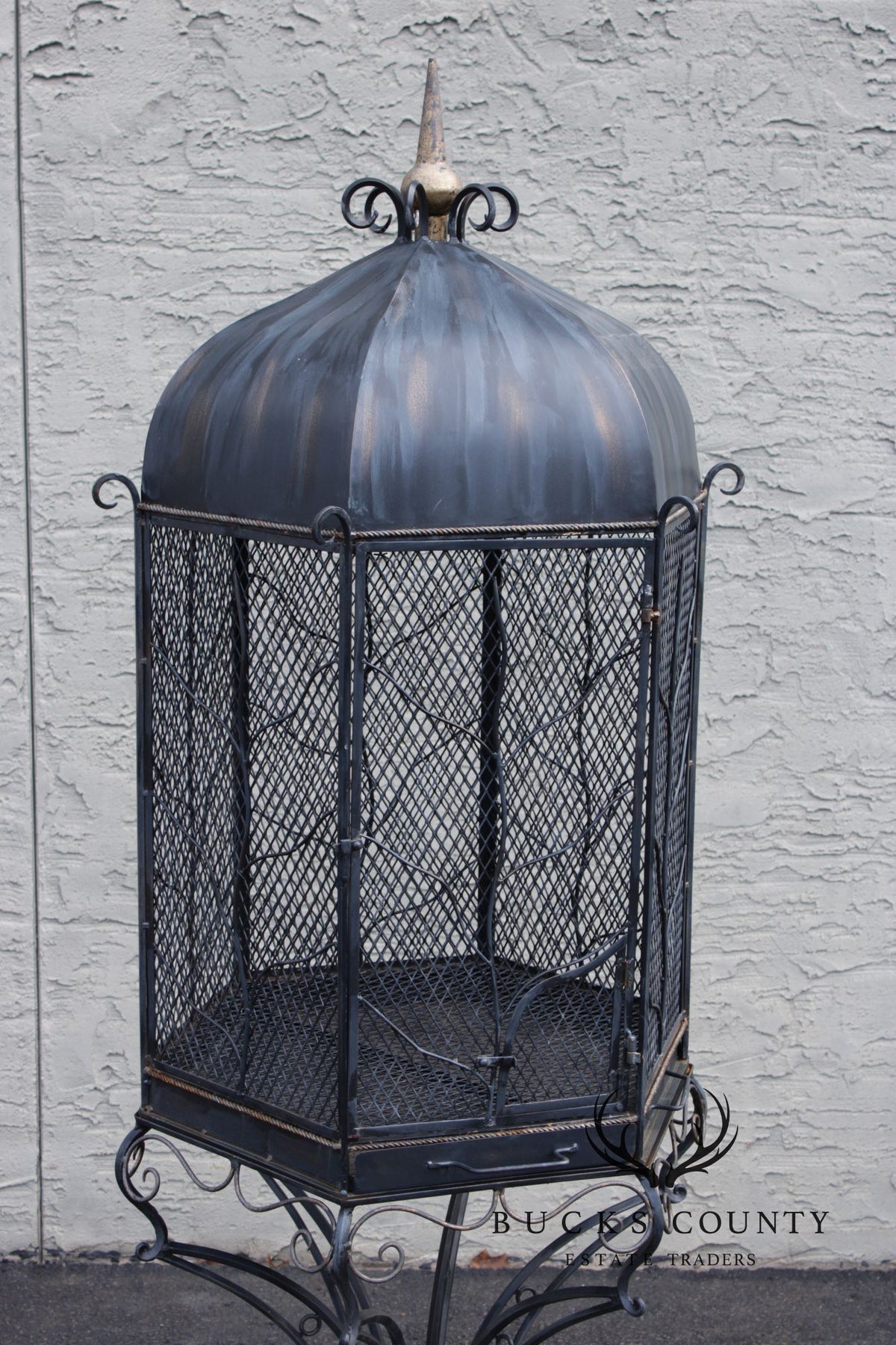Vintage Wrought Iron Garden Bird Cage On Stand