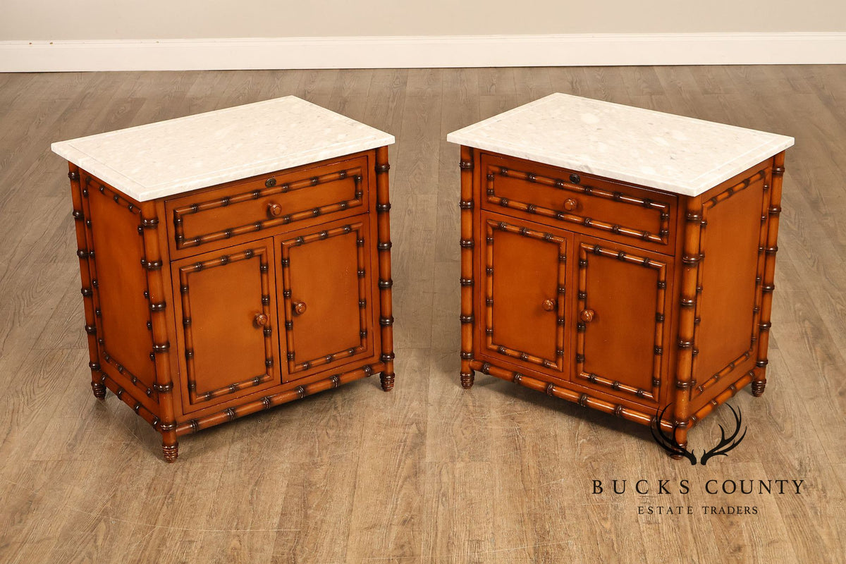 Williams Sonoma Pair of Marble Top Faux Bamboo Nightstands