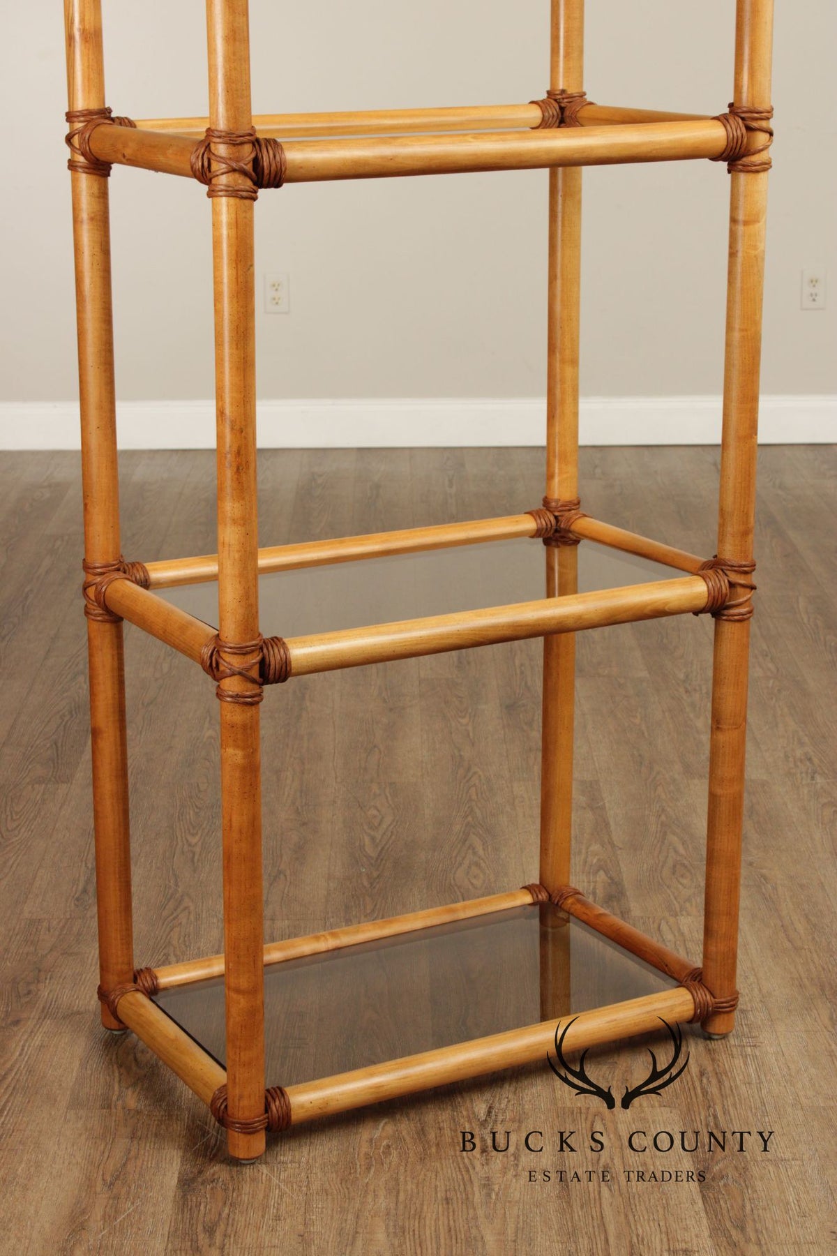 Vintage Coastal Style Bamboo And Glass Shelf Etagere