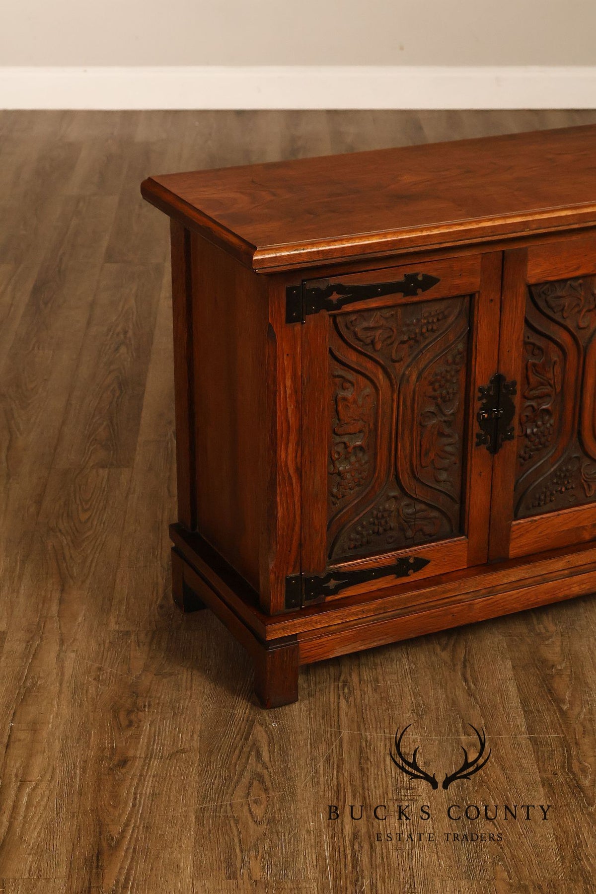 Vintage Spanish Revival Carved Oak Cabinet With Iron Hardware