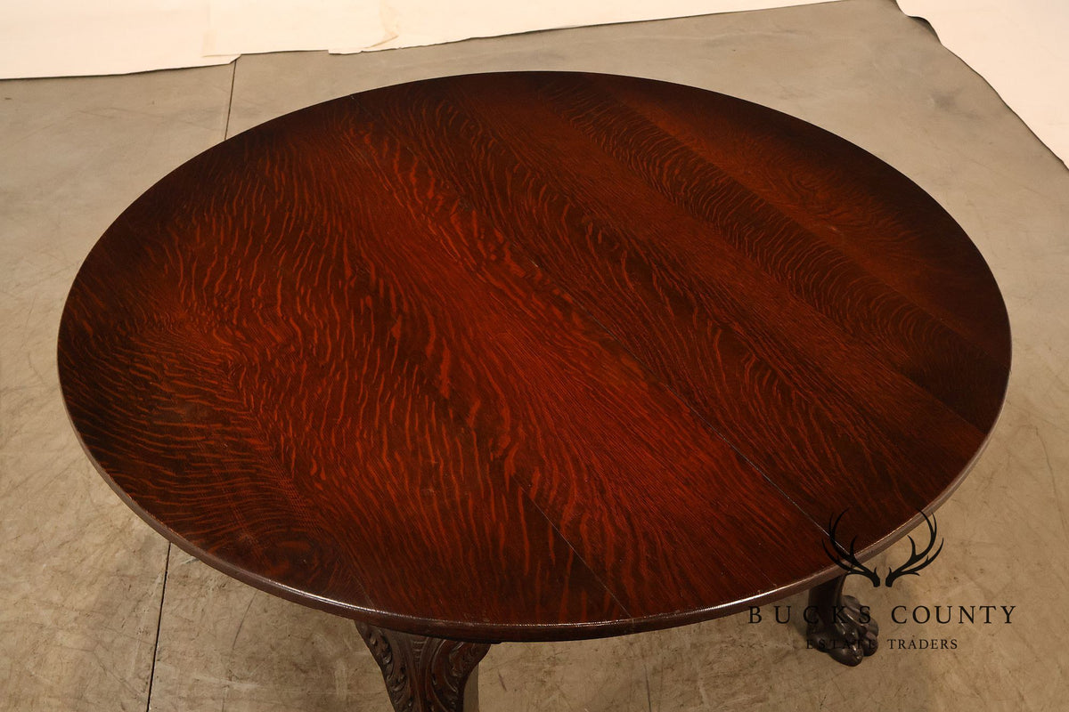 Antique Renaissance Revival Round Oak Expandable Dining Table